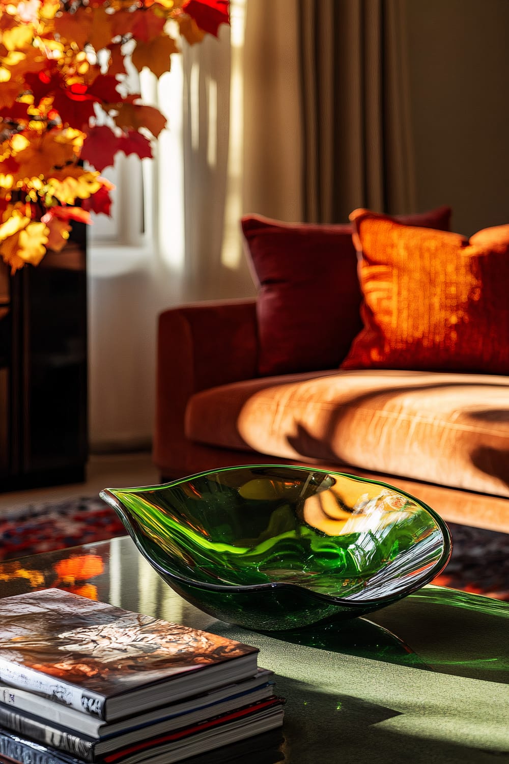 A contemporary living room features a green glass sculpture sitting on a glossy coffee table, accompanied by several stacked books. In the background, a burnt orange sofa with matching pillows is bathed in natural light, and a decoratively lit tree with red and yellow fall leaves adds an autumnal touch to the scene.