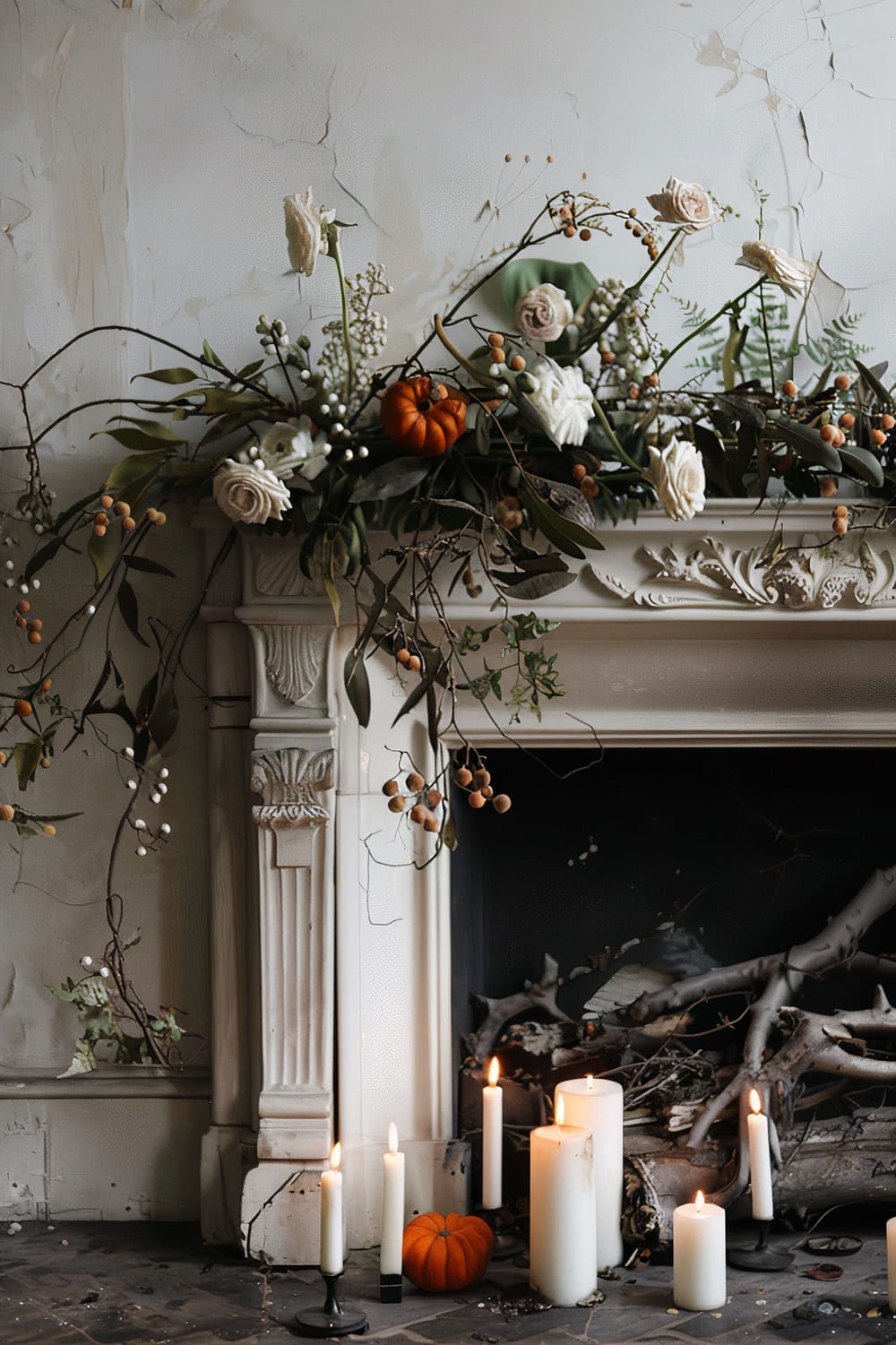 A rustic, ornate white mantelpiece adorned with a variety of natural elements, including lush green foliage, white flowers, branches, and a tiny pumpkin. Several tall, white candles in varying sizes, some lit and others unlit, are placed on the hearth, contributing to the serene ambiance. The wall behind the mantel is distressed, revealing cracks and patches of peeling paint, adding to the worn, vintage charm.