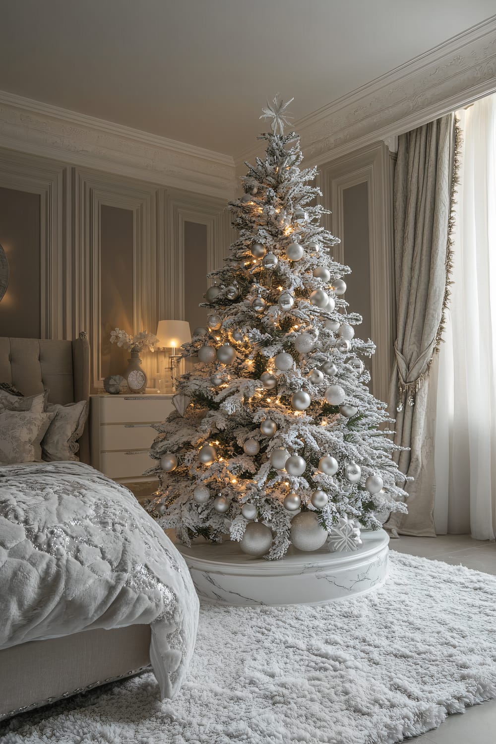 An elegantly decorated Christmas tree stands in a luxurious bedroom. The tree is adorned with silver ornaments and softly illuminated by ambient lighting. It sits in a white marble tree stand placed on a plush, white rug. The room features a bed with a quilted blanket and a bedside table with decorative items, all set against ornate wall paneling and large, flowing curtains.