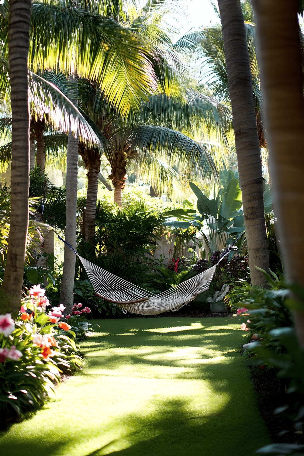 A vibrant, verdant garden with tall palm trees and lush tropical vegetation framing a well-manicured lawn. There is an oversized hammock tethered between two palm trunks with clusters of hibiscus and bird of paradise flowers nearby. The setting is bathed in warm sunlight filtering through the dense foliage.