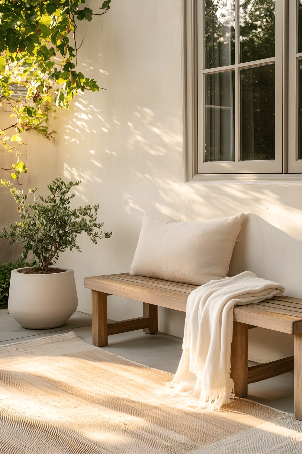 A minimalist outdoor patio features a low wooden bench, a neutral-toned rug lying against the floor, and a small coffee table with a ceramic planter containing fresh greenery. An additional chair can be seen at the foreground with a soft linen throw laid on it, bathed in the warm hue of the sunset.