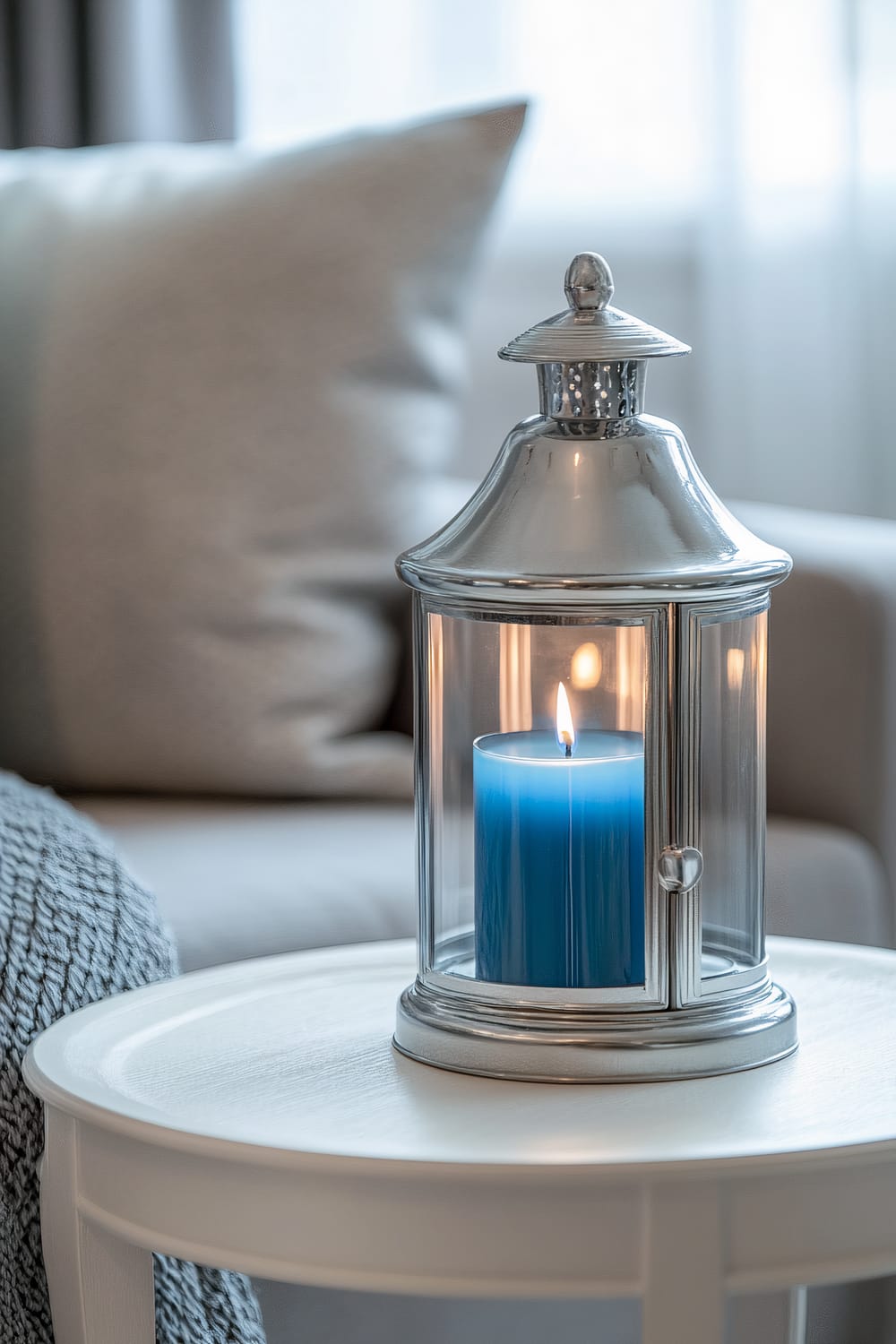 A lit blue candle is placed inside a silver lantern on a white round table. A gray pillow and a dark gray knitted fabric are seen in the background, along with a diffuse light coming from a window.