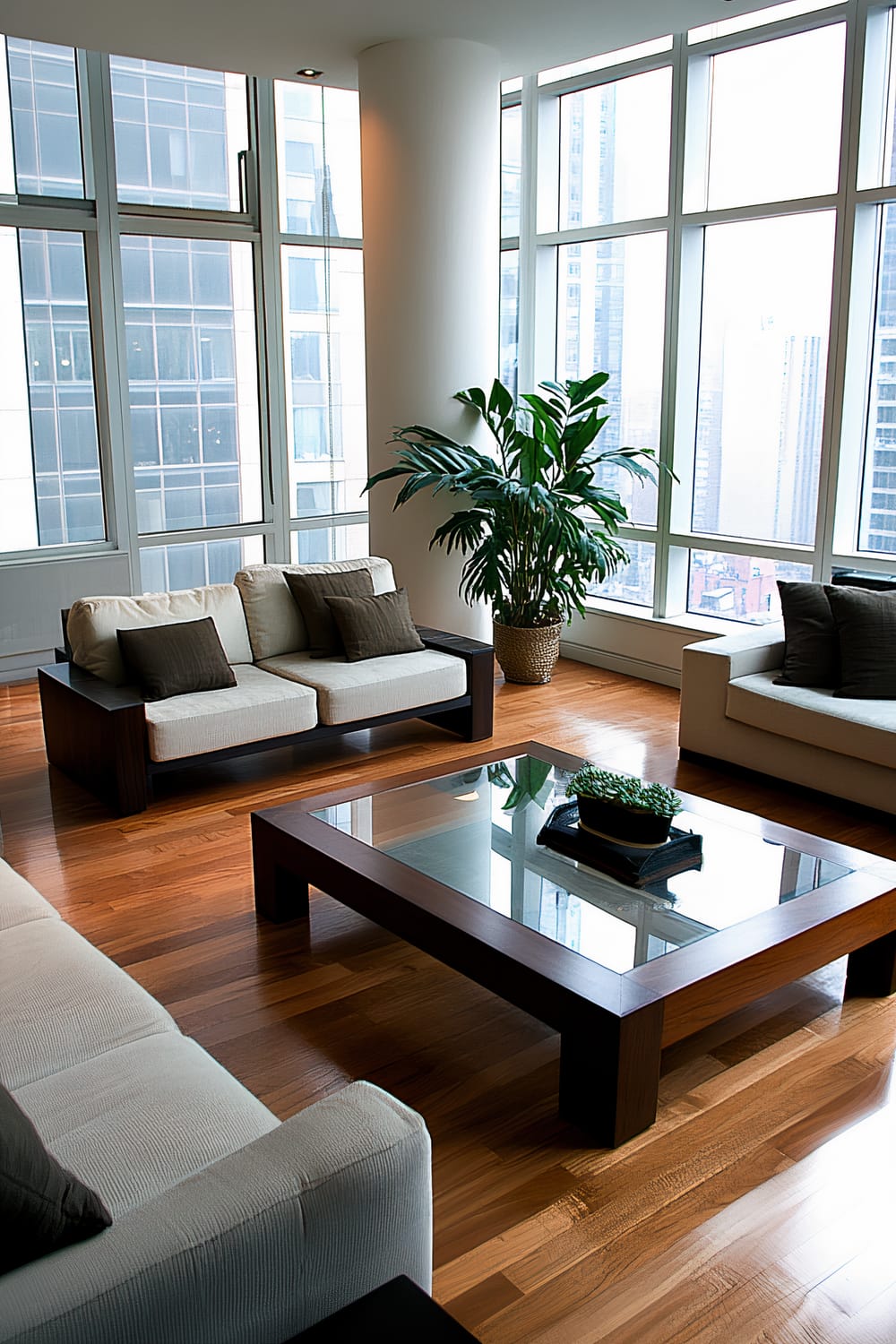 A sophisticated Manhattan apartment living room with large windows, multiple couches, a central glass coffee table, and minimal decor.