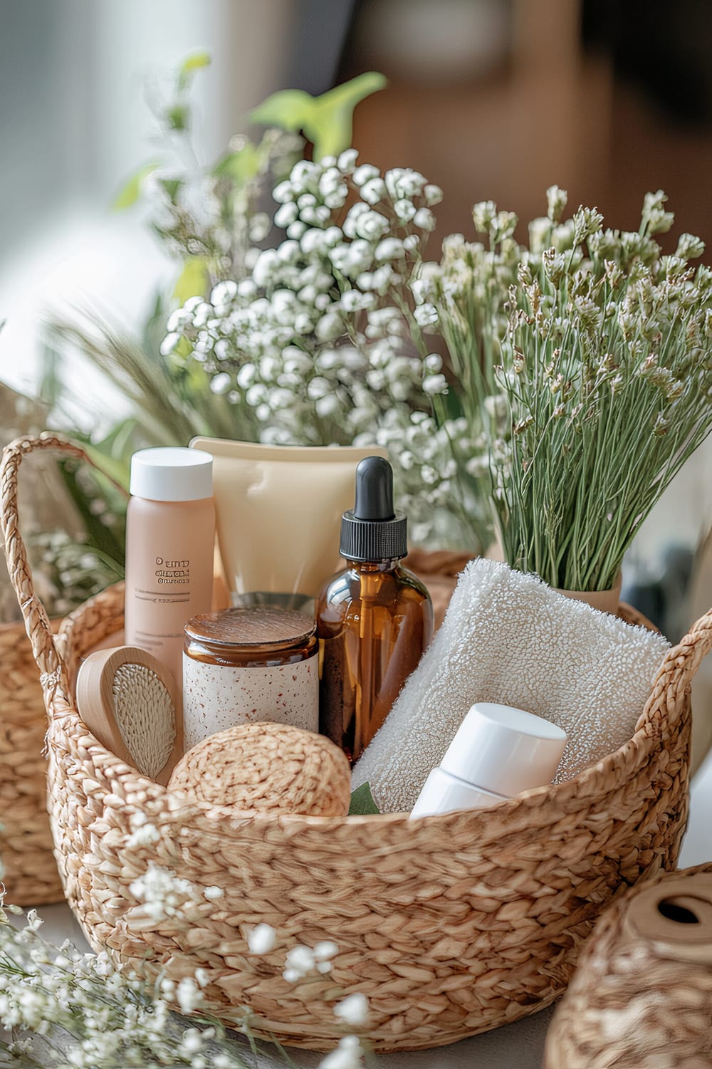 A wicker basket filled with various self-care items, including bottles, jars, and a washcloth, surrounded by an arrangement of white flowers and greenery.