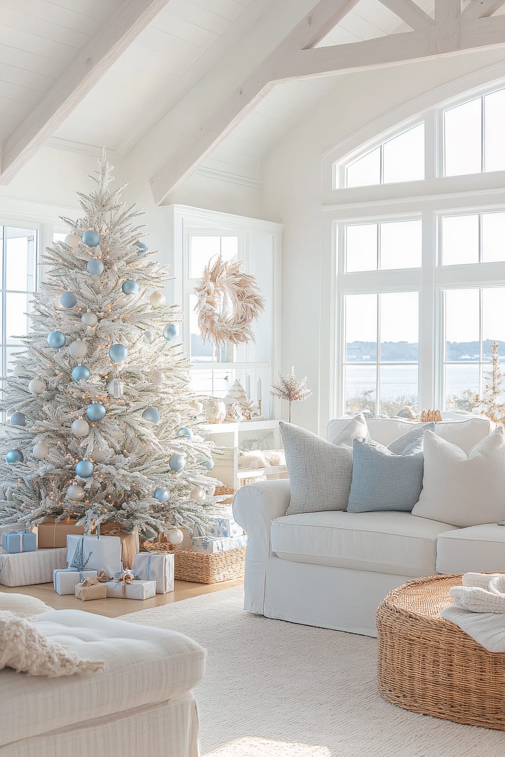 A bright, airy living room filled with natural light features a large frosted Christmas tree adorned with blue and white ornaments. The room has a vaulted ceiling with exposed white-washed wooden beams. A white sofa adorned with blue and white pillows faces a large wicker coffee table. Large windows behind the tree offer a view of a calm body of water, enhancing the serene atmosphere.