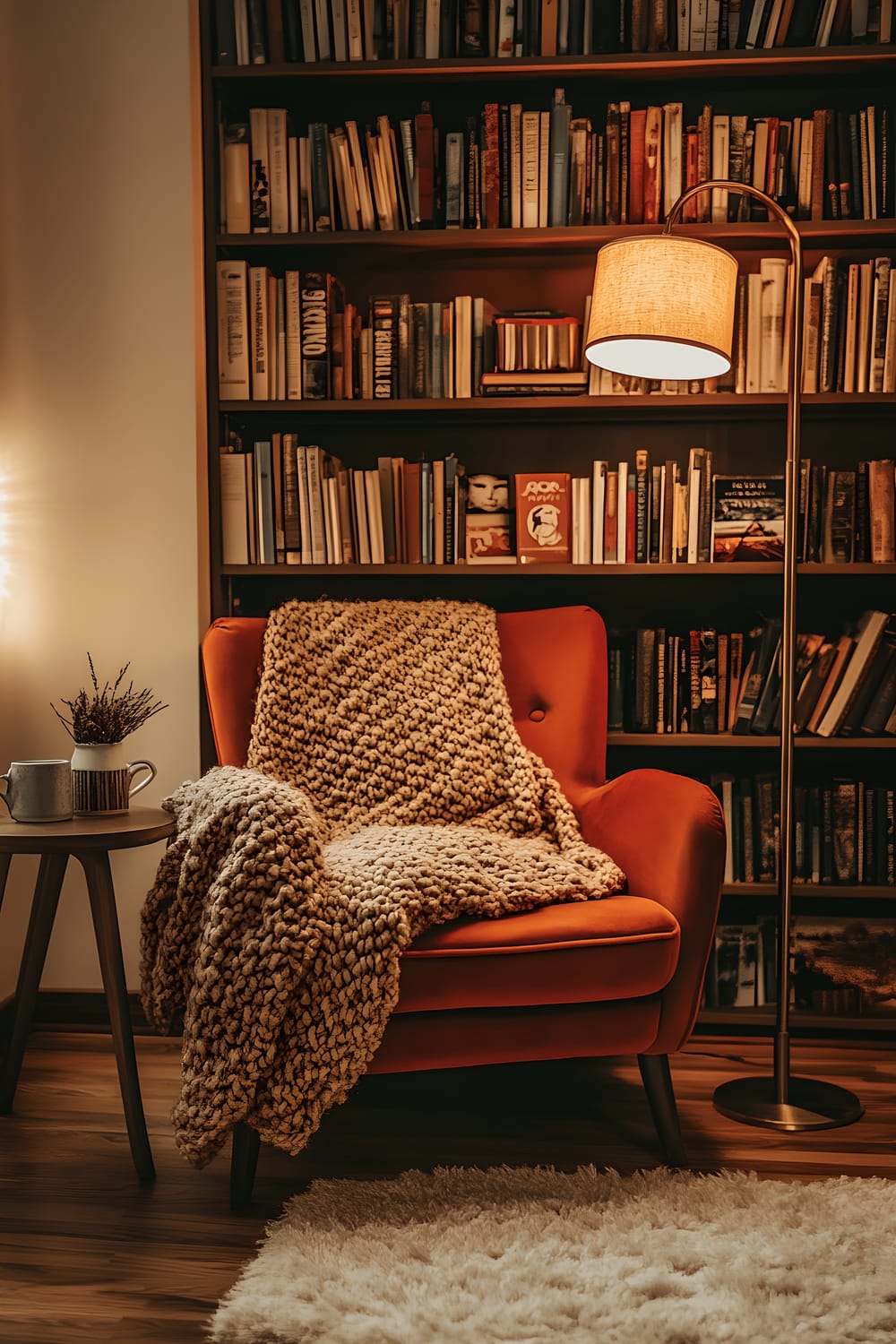 A 1970s-inspired corner reading nook features a burnt-orange armchair adorned with a chunky knit throw. A mid-century floor lamp provides warm lighting in the room. A teak bookshelf, filled with vintage novels, sits beside the chair. A retro side table, holding a ceramic mug of coffee, is within arm's reach of the seating area.