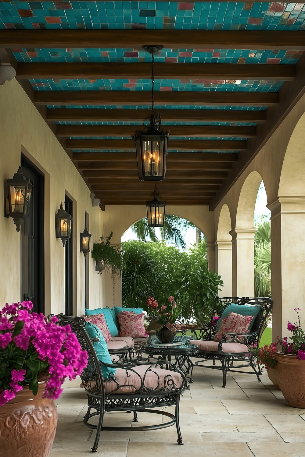 A beautiful outdoor patio setup under a pergola with a teal mosaic tile ceiling. A vintage, antique metal furniture set with pink gold accents provides a sitting area full of old-world charm. Apricot-hued decorative flowers adorn pots throughout, providing colorful accents. Mirrored lanterns hang strategically, producing a wonderful play of light off the mosaic tiles.