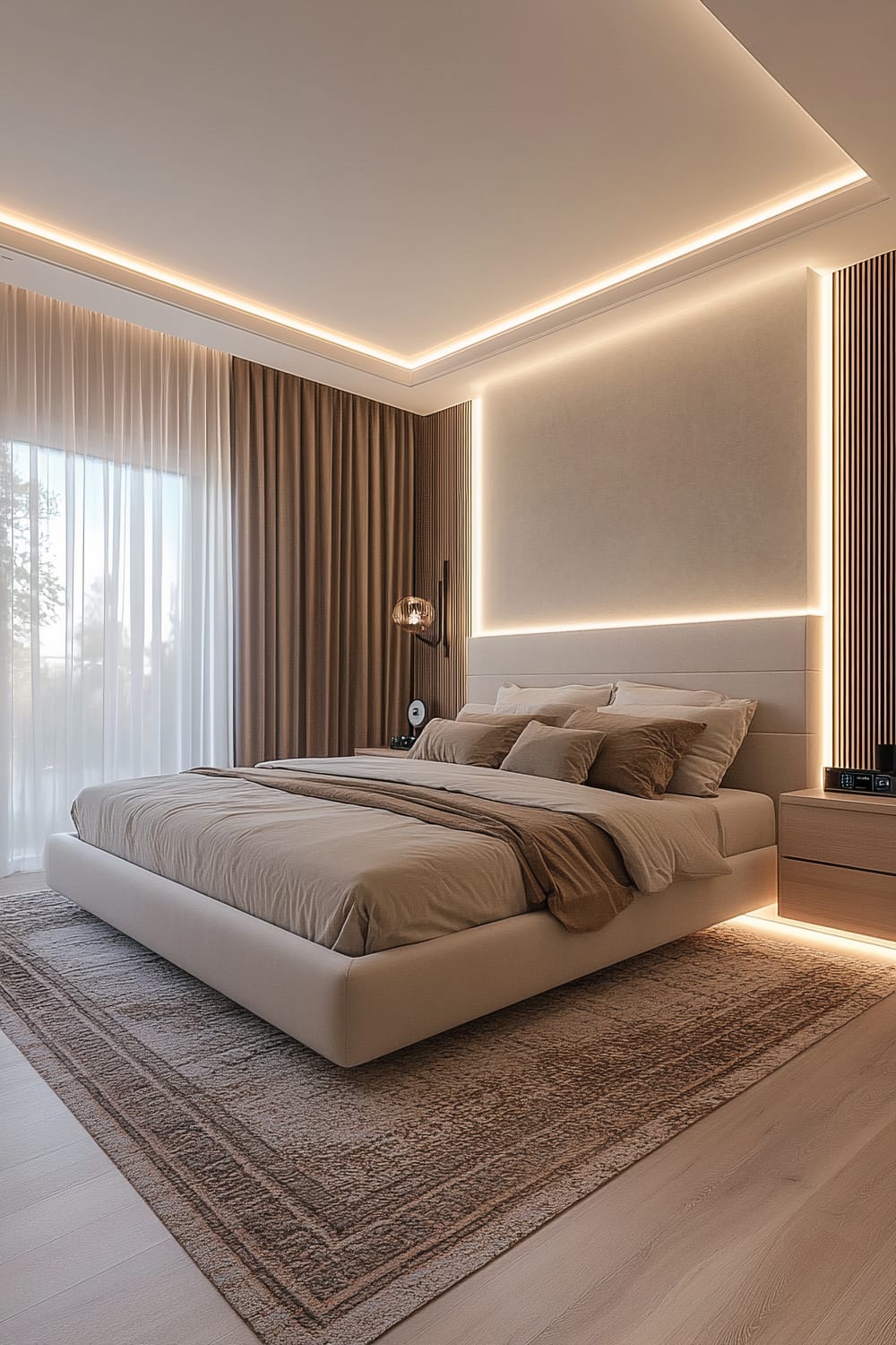 A modern bedroom with a large bed centered in the room, featuring beige and brown bedding. The room has soft ambient lighting, integrated into the walls and ceiling, creating a warm atmosphere. There are floor-to-ceiling curtains in a neutral shade, and a textured rug in earthy tones. Minimalist furniture includes a wooden nightstand and a sleek wall-mounted light fixture. The design is enhanced with hidden smart technology elements like a control panel and speakers.