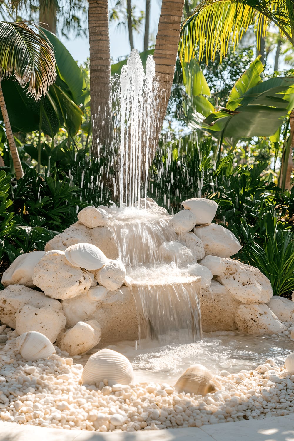 A coastal-themed garden under the bright midday sun with a cascading water fountain made from light beige and white river rocks surrounded by scattered shells and pebbles. Tall palm trees provide a serene backdrop.