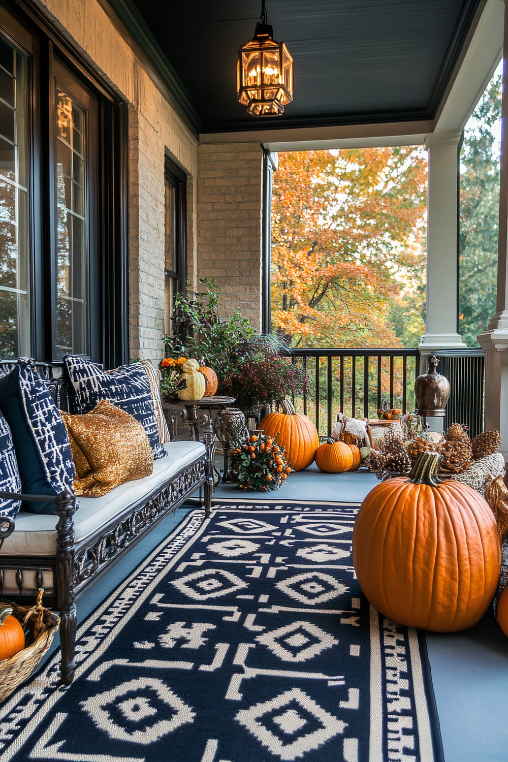 A porch decorated for autumn with a variety of pumpkins, large and small, along with autumnal foliage. A dark blue and white patterned rug runs the length of the porch, and a cushioned bench with blue patterned pillows provides seating. A golden pillow adds a touch of shimmer. An elegant vintage-style lantern hangs from the ceiling, casting a warm glow. The porch overlooks a scene of fall foliage with trees displaying shades of orange and yellow.