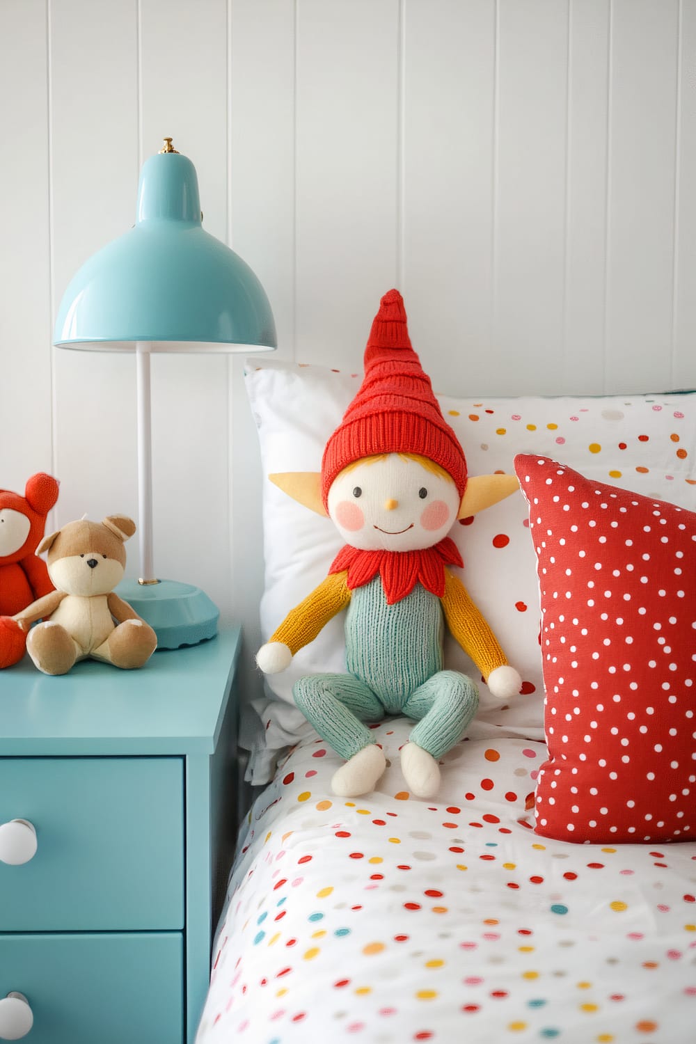 A children's bedroom with a whimsical elf doll, a blue nightstand with a matching lamp, two soft toys, and vibrant pastel bedding with polka dots.