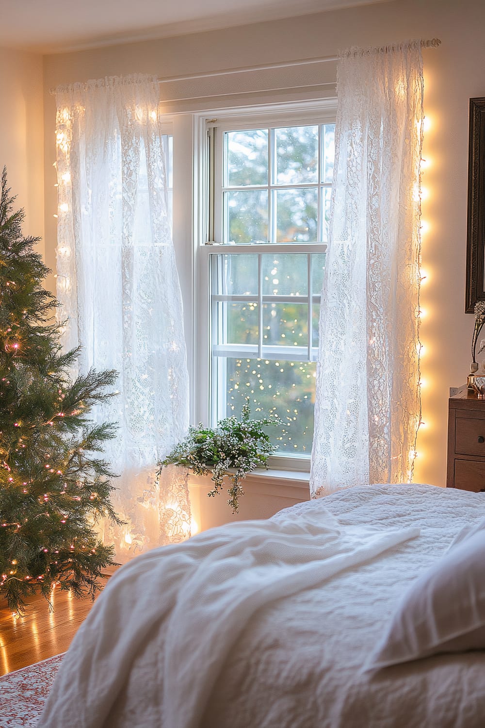 Delicate white lace curtains with embedded LED fairy lights decorate large windows in a sophisticated bedroom. The lights softly glow, casting a festive ambiance. A decorated Christmas tree stands to the left, and a bed with white linens occupies the foreground. A small potted plant sits by the window.