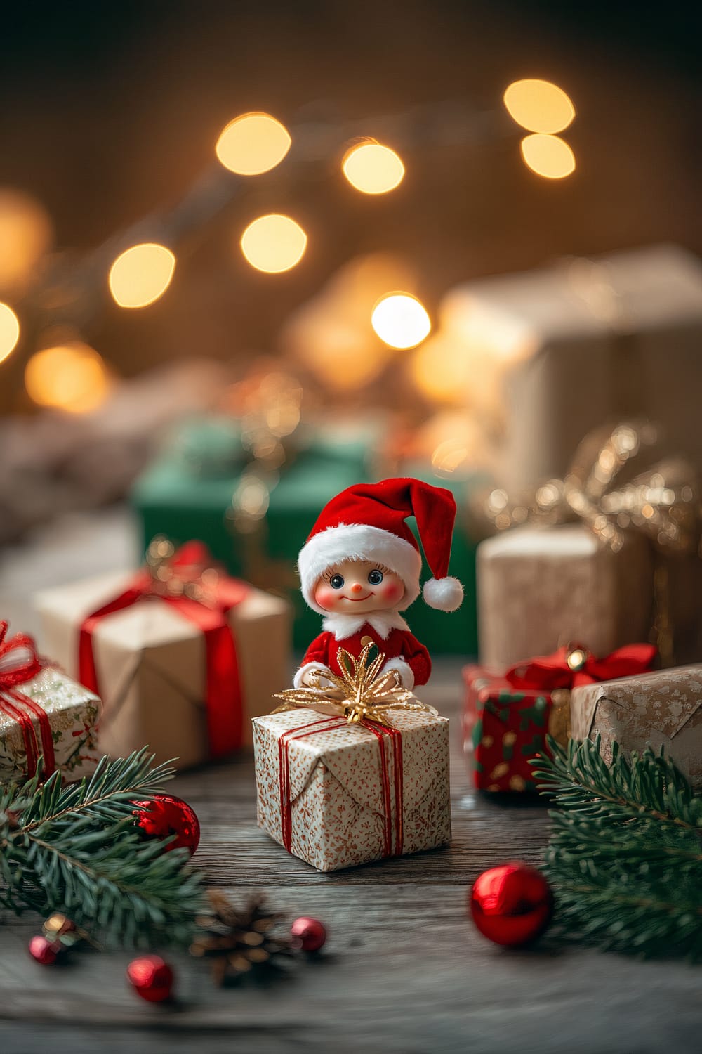 An Elf on the Shelf wearing a red and white Santa hat and outfit holds a beautifully wrapped gift adorned with a gold ribbon on a decorated wooden table. Surrounding the elf are additional wrapped gifts in red, white, and green, along with festive sprigs of holly and red ornaments. The scene is warmly lit by glowing fairy lights in the background, creating a cozy and magical ambiance.