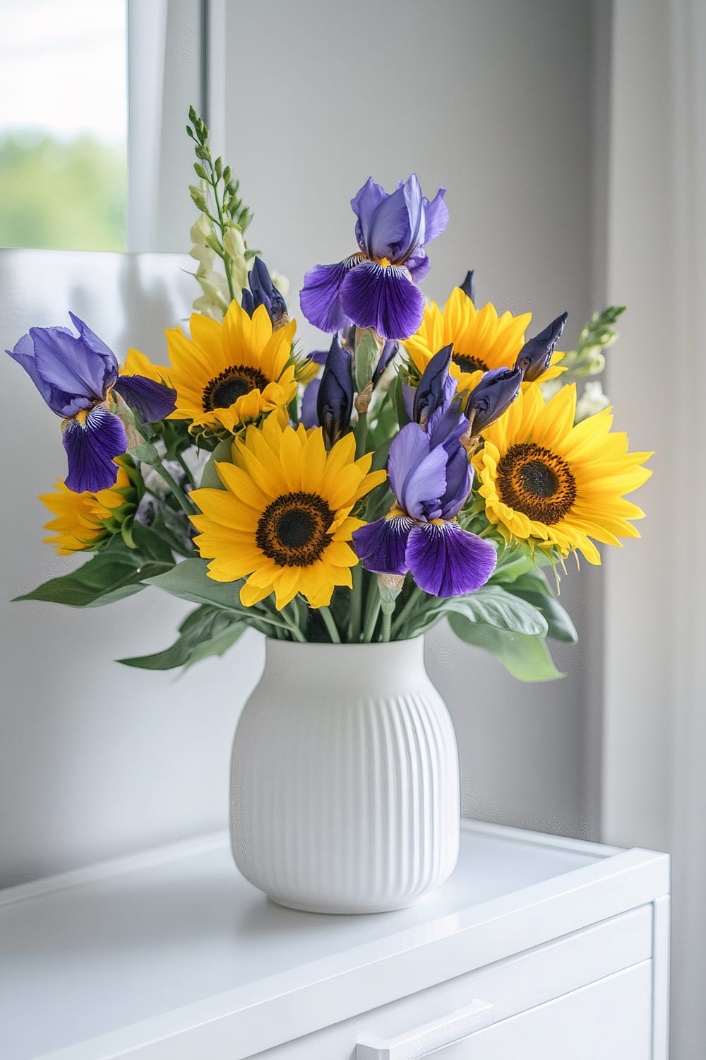 A white ridged vase containing a bouquet of vibrant sunflowers and deep purple irises placed on a white cabinet. The background shows a blurred window with a view of greenery outside.