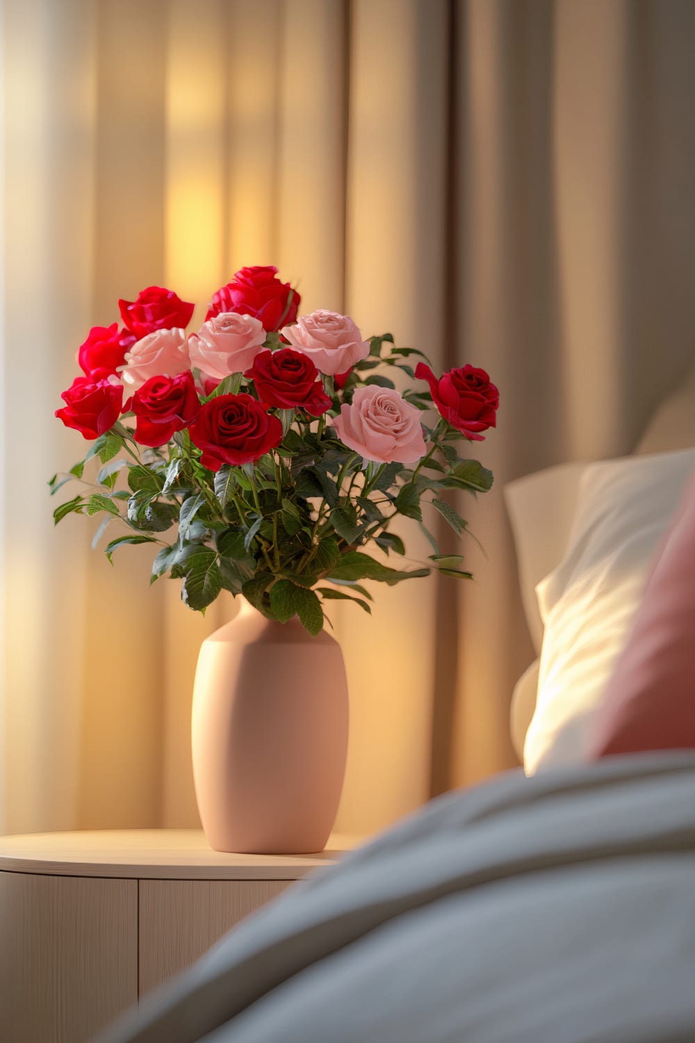 A side angle view of a minimalist bedside table in a serene neutral bedroom. A ceramic vase filled with fresh red and pink roses sits on the table, highlighted by warm ambient lighting. The background includes soft bedding and curtains, adding to the uncluttered and calm atmosphere.