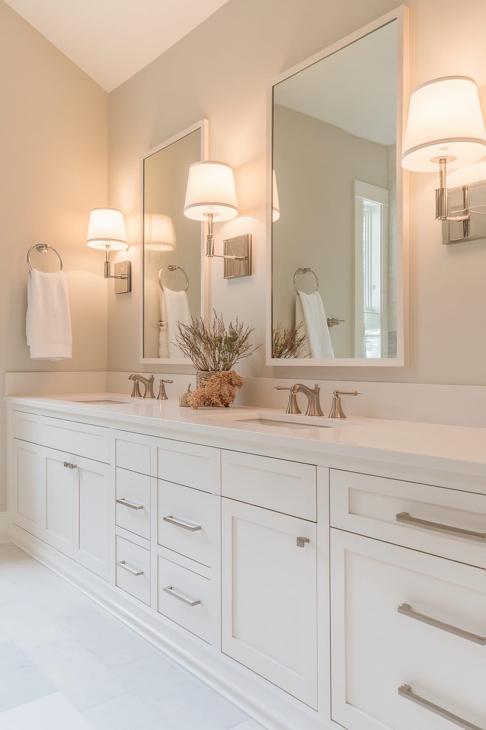 A modern bathroom vanity area with a large white countertop, double sinks, and shaker-style cabinetry. The vanity has two mirrors, each with a wall-mounted sconce above. White hand towels are hanging on silver towel rings on either side, and a vase with dried flowers is placed between the sinks.