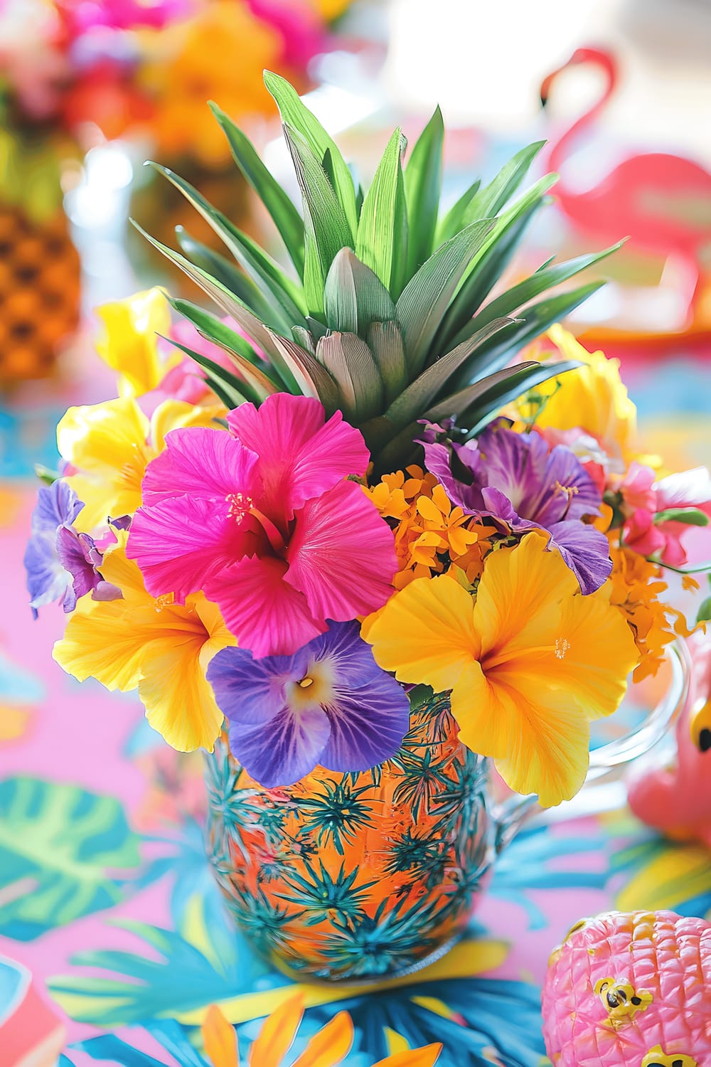 A playful kitsch-inspired centerpiece on a table, featuring retro glass tiki mugs filled with vibrant tropical flowers like hibiscus and bird of paradise. The centerpiece is surrounded by colorful pineapple and flamingo figurines, all laid on a bright patterned tablecloth with bold colors and patterns, illuminated by natural daylight.