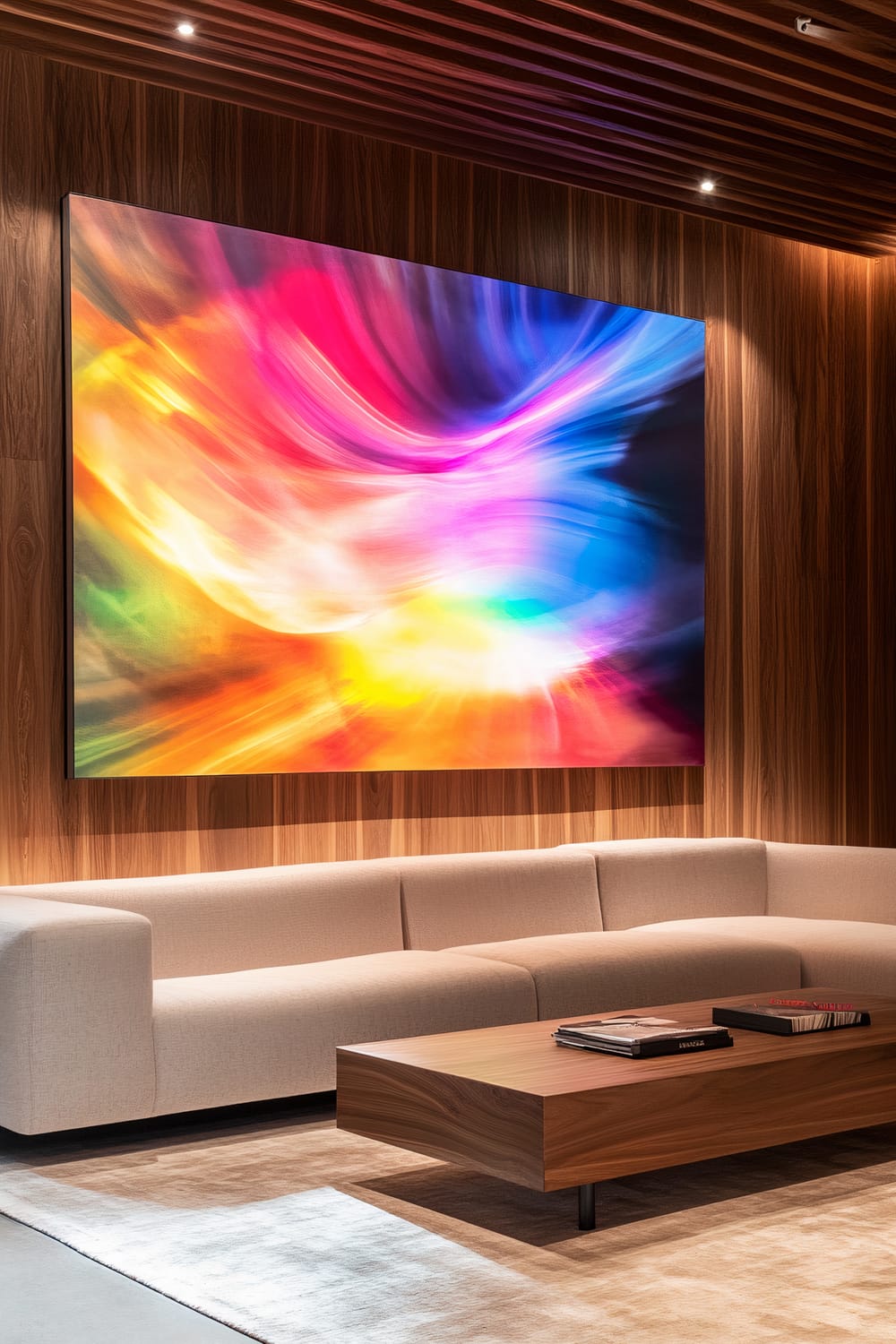 A living room with wood-paneled walls, a modern beige sofa, a minimalist wooden coffee table, and vibrant artwork featuring a colorful abstract design mounted on the wall.