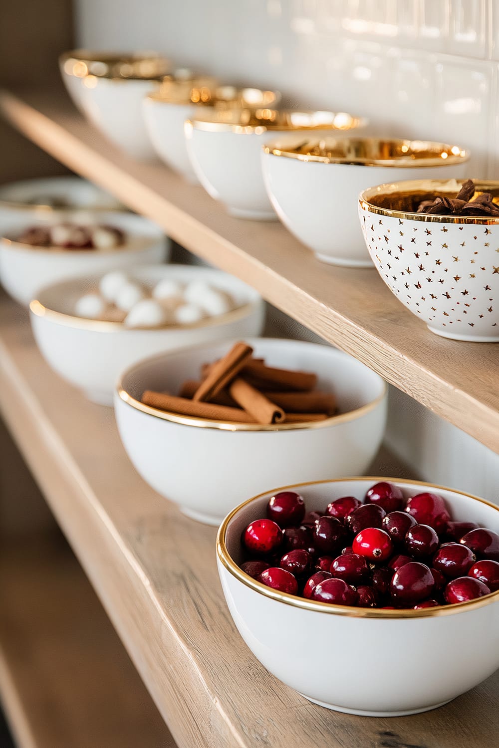 A close-up view of a modern farmhouse kitchen shelf displaying a collection of white ceramic bowls with gold rims. Each bowl is filled with festive elements such as cinnamon sticks, cranberries, and small gold stars. The bowls are arranged in a line on wooden shelves, creating a symmetrical and organized display. Dramatic front lighting highlights the luxurious gold details and vibrant colors against the neutral background.