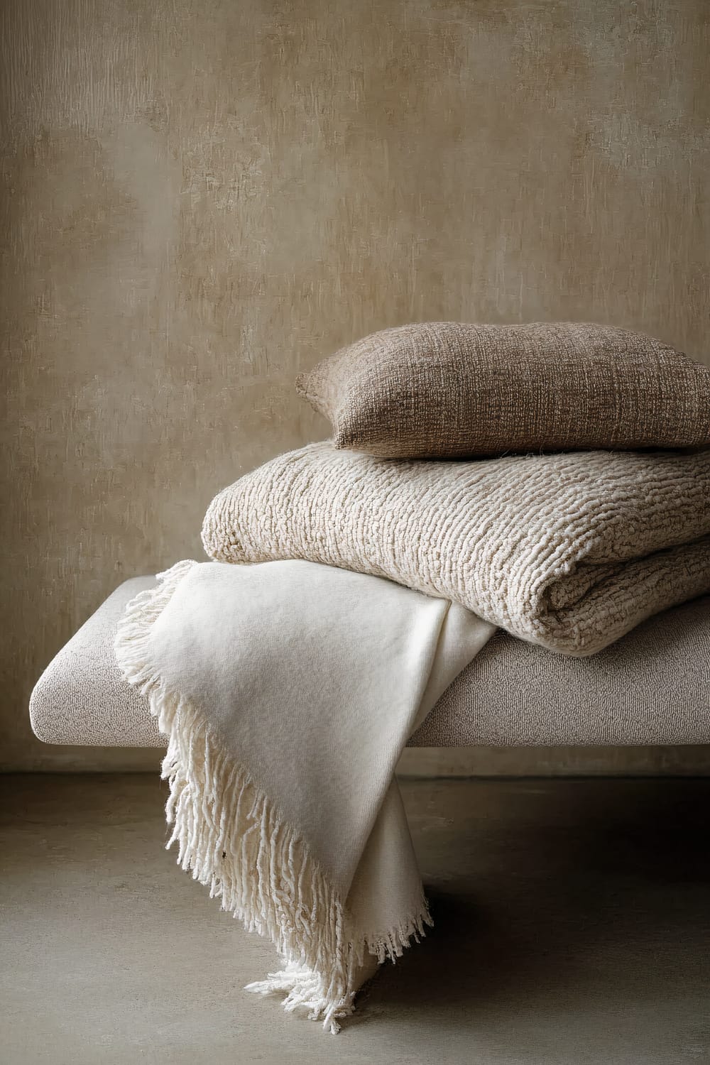 A collection of neutral-toned textiles, including throws and cushions with various textures, is arranged on a sleek, modern bench. Strong side lighting highlights the depth and richness of the fabrics. In the background, there's a textured beige wall.