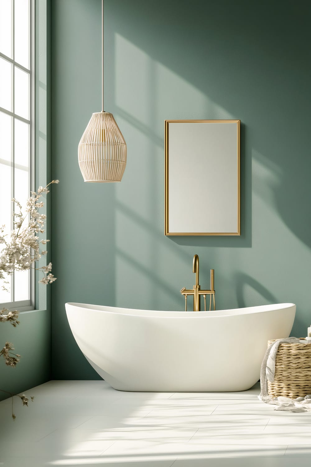 A modern bathroom with a light green wall, featuring a freestanding white bathtub with a gold faucet. Above the tub hangs a natural-colored, wicker pendant light. Next to the bathtub, there is a wicker basket with a rolled towel and other bath items. A rectangular mirror with a gold frame hangs on the wall above the bathtub, and the flooring is white tile.