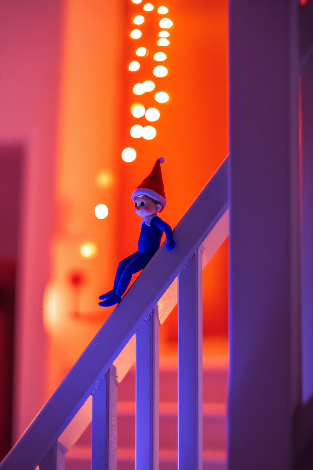 An Elf on the Shelf doll dressed in blue attire with a red Santa hat is perched on the white railing of a modern staircase. The background is illuminated with striking orange lighting and features bright, circular light patterns, creating a dynamic contrast.