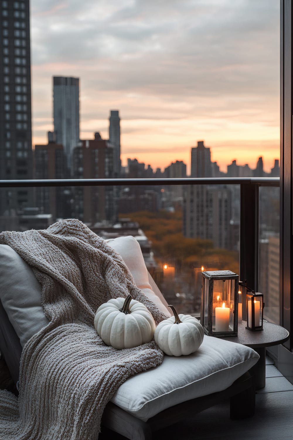 A chic balcony setting featuring a cushioned lounge chair adorned with a textured beige throw blanket and two white pumpkins. Nearby, a small round side table holds several glass lanterns with lit candles. In the background, a breathtaking cityscape is visible at sunset, with the skyline silhouetted against the glowing sky.