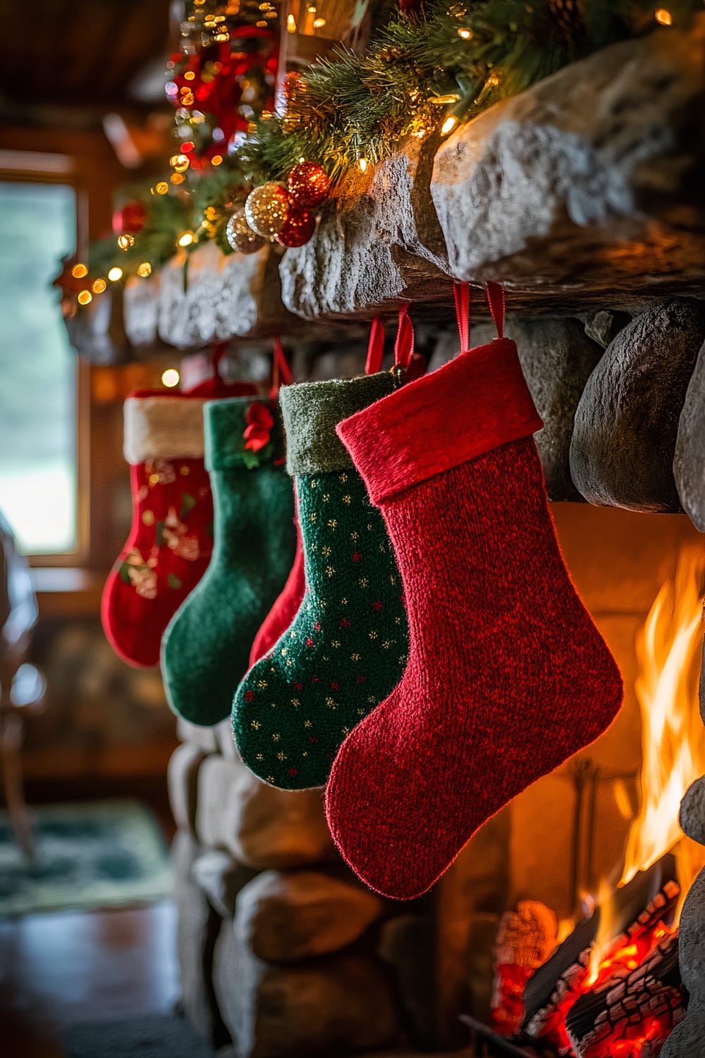 A rustic stone fireplace decorated with brightly colored Christmas stockings and warm, glowing lights. A garland of greenery, adorned with red and gold ornaments, hangs above the fireplace. A cozy fire burns in the hearth, casting a warm glow on the scene.