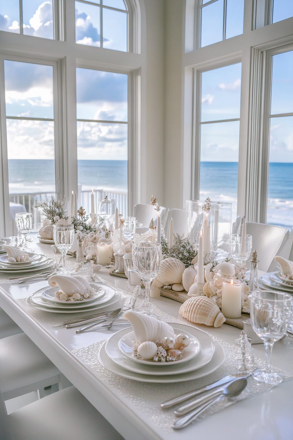 A beautifully set dining table with a clear view of the ocean through large arched windows. The table is adorned with white dinnerware, crystal glasses, and silver cutlery. The centerpiece features an elaborate arrangement of seashells, white candles, and festive decorations. Decorative elements include shell-shaped ornaments on each plate and coastal-themed embellishments to accentuate the seaside ambiance, enhancing the bright and airy feel of the space.