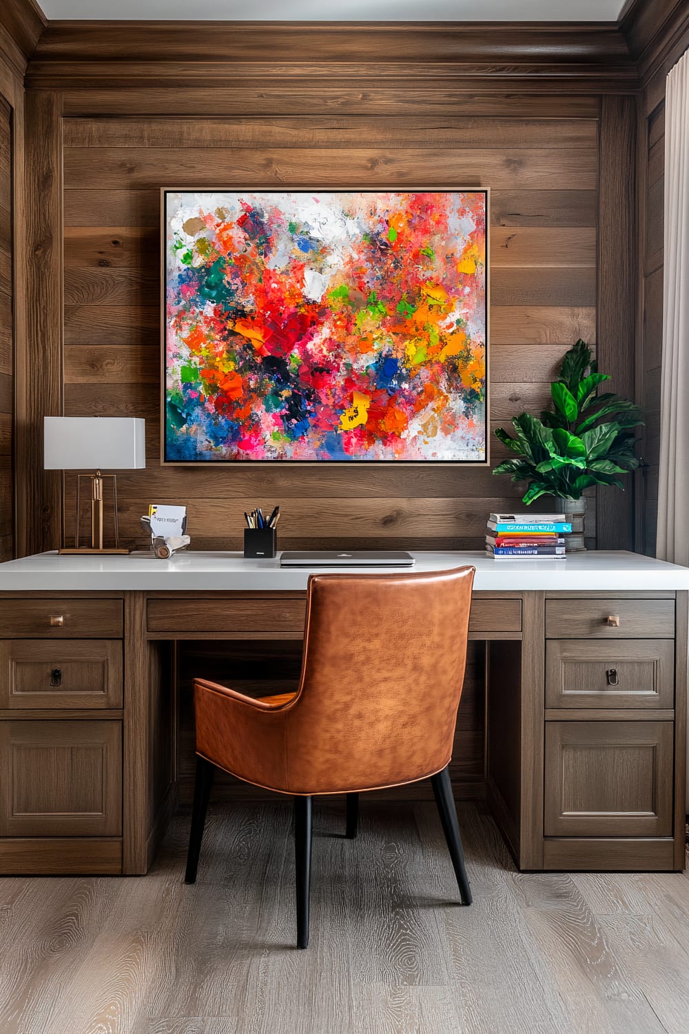 A well-organized home office interior with rich wooden walls and floors, a white countertop desk, a brown leather chair, a table lamp, a plant, stacks of books, stationery items, and a vibrant abstract painting on the wall.