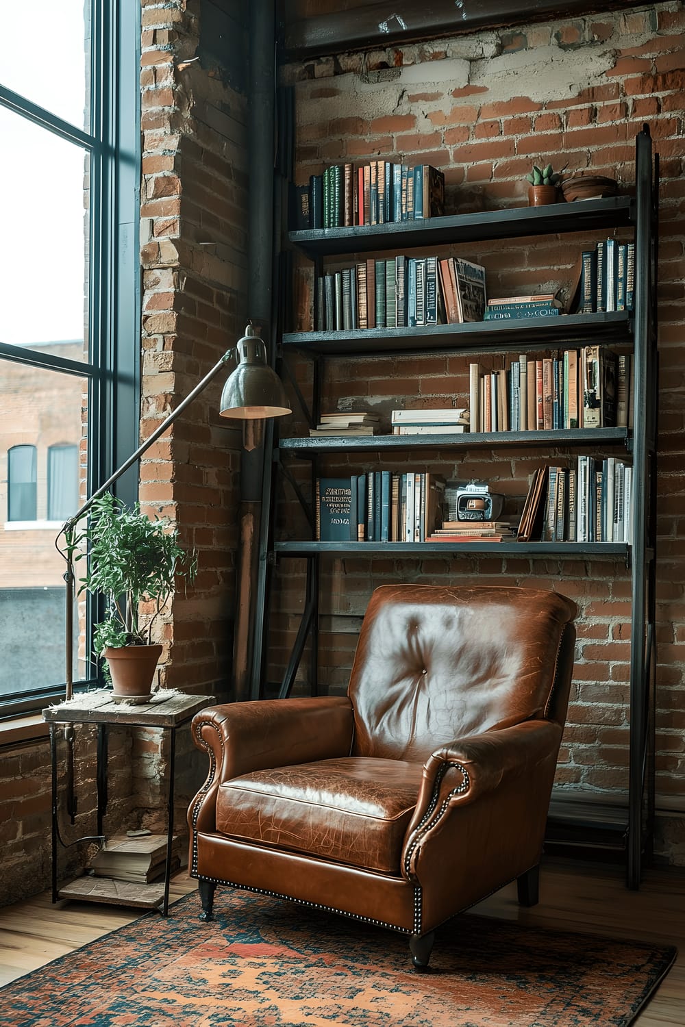 An industrial chic reading nook featuring an exposed brick wall, metal accents, comfortable leather armchair, reclaimed wood side table with a vintage lamp, and a sleek bookshelf with a selection of books. The room is bathed in natural light from a nearby window and focused task lighting.