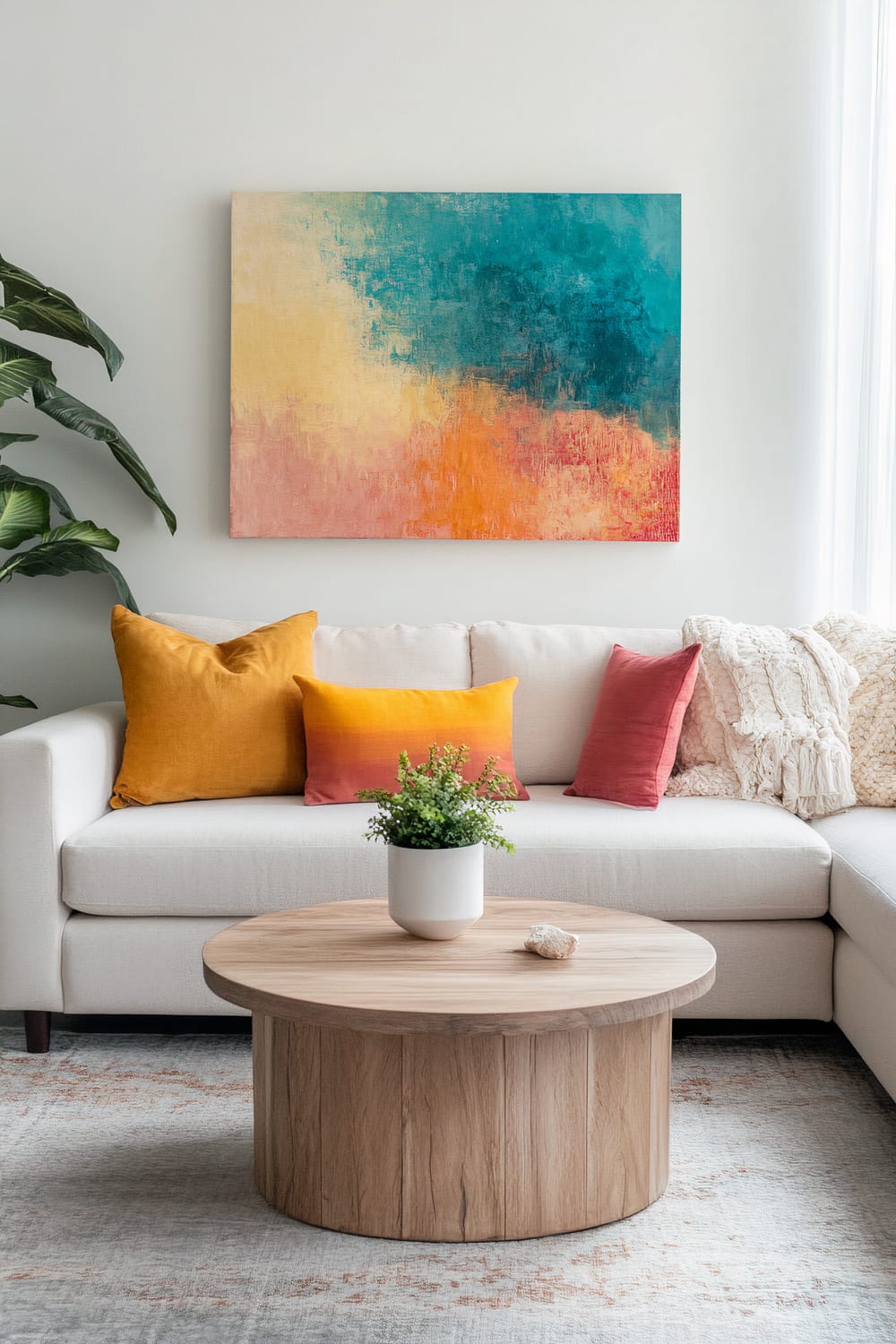 A modern living room features a cream-colored sofa adorned with mustard yellow and coral accent pillows. A vibrant abstract painting in teal, mustard yellow, and coral hues hangs on the wall above the sofa, serving as the room's focal point. A simple, round wooden coffee table with a potted plant sits on a light gray rug. A knitted throw is draped over one end of the sofa, and natural light flows in from large unseen windows. A potted plant with large dark green leaves is visible to the left.