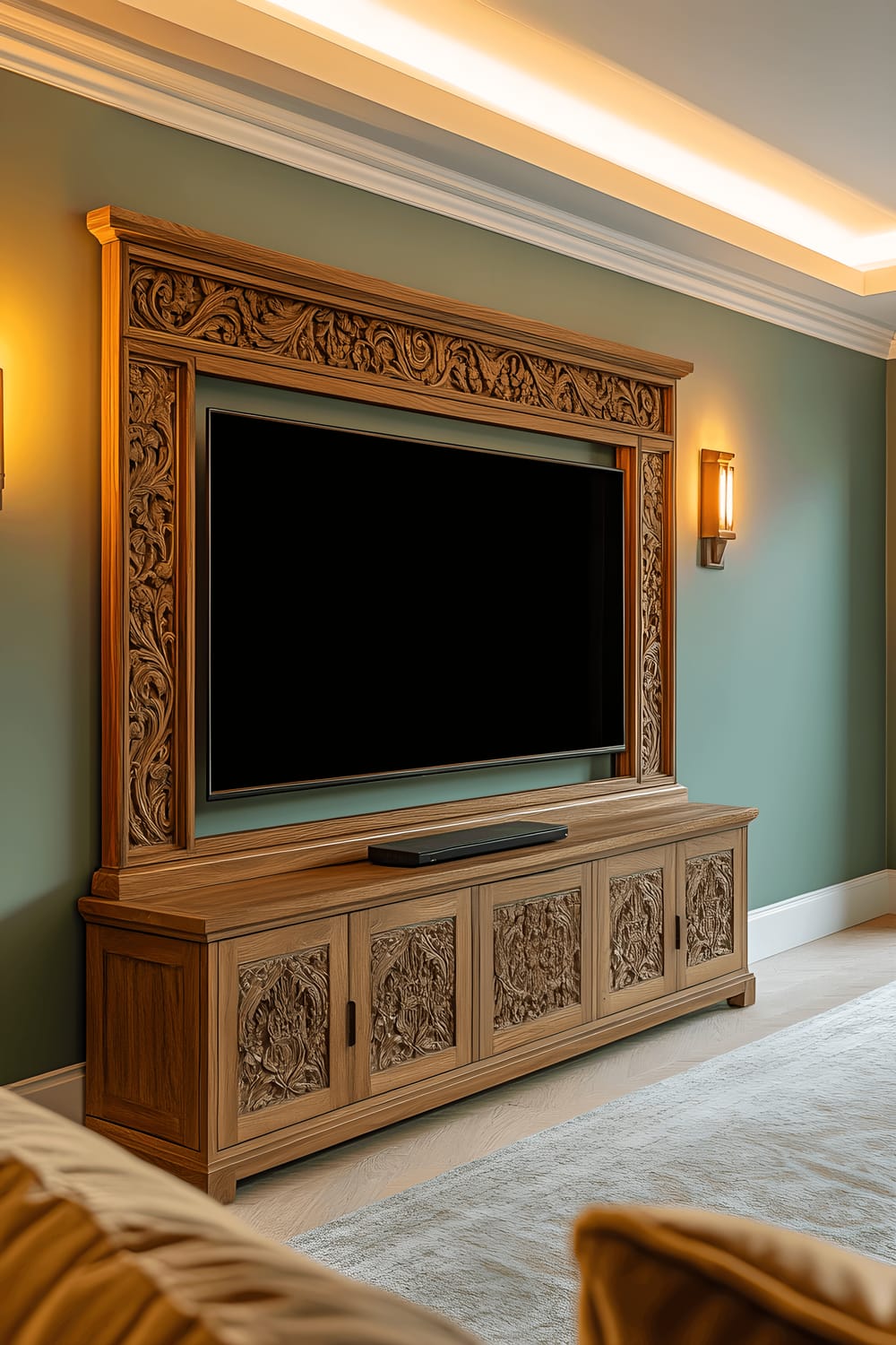 A flat-screen television is subtly hidden within an ornate custom frame made of reclaimed oak, fitted against a calming sage green wall. The intricate carving of the frame and the ambient LED lighting focusing on the TV creates an innovative and captivating wall decor.