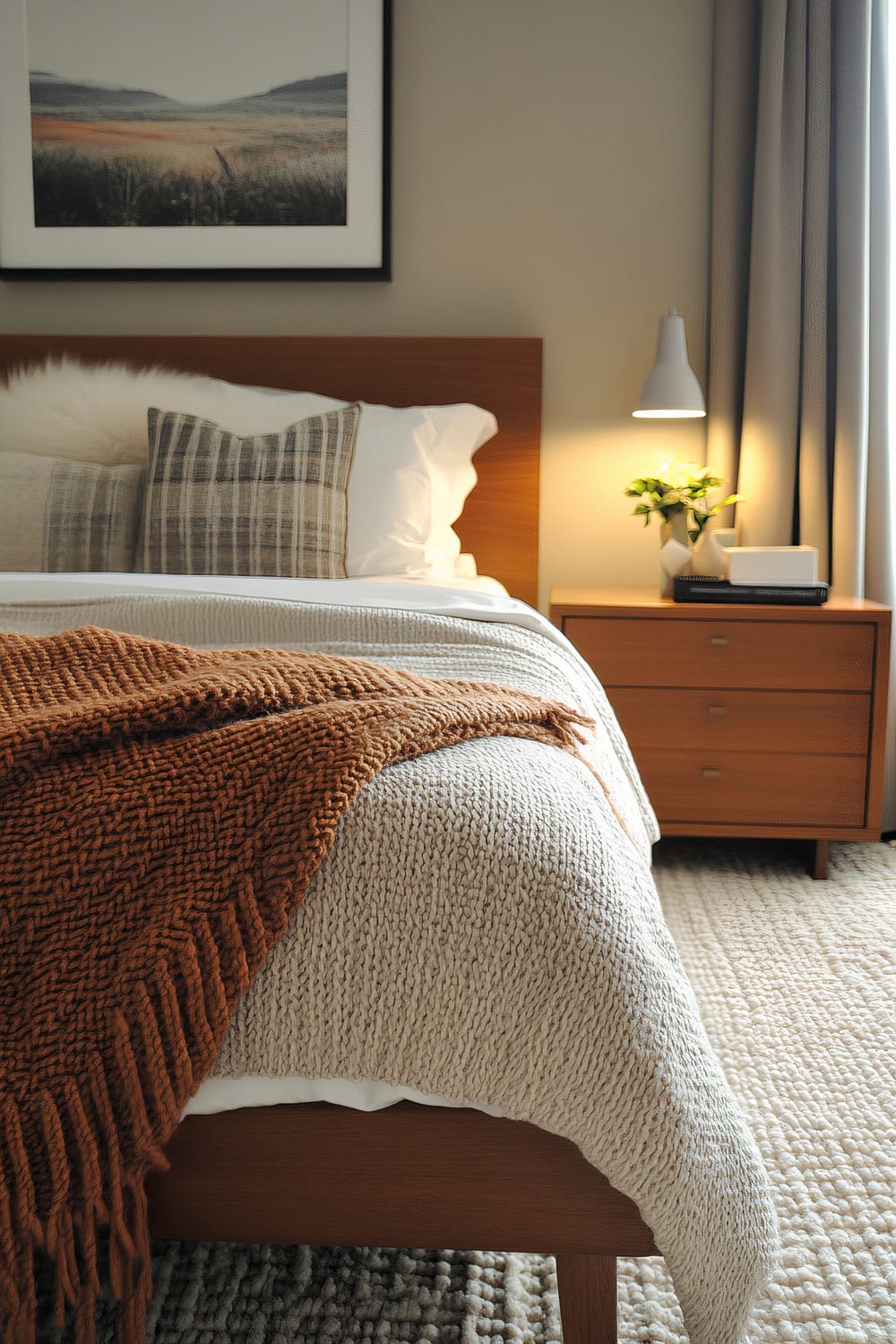 An inviting bedroom setup featuring a wooden bedframe with crisp white linens, complemented by a thick, cream-colored knit blanket and a rusty orange throw. A plaid cushion rests against the headboard. To one side of the bed is a wooden nightstand with drawers, topped with a small potted plant, a few neatly stacked books, and a modern table lamp. Neutral-toned drapes partially cover a window, and a framed landscape photograph adorns the wall above the headboard. A textured light-colored rug covers the floor under the bed.