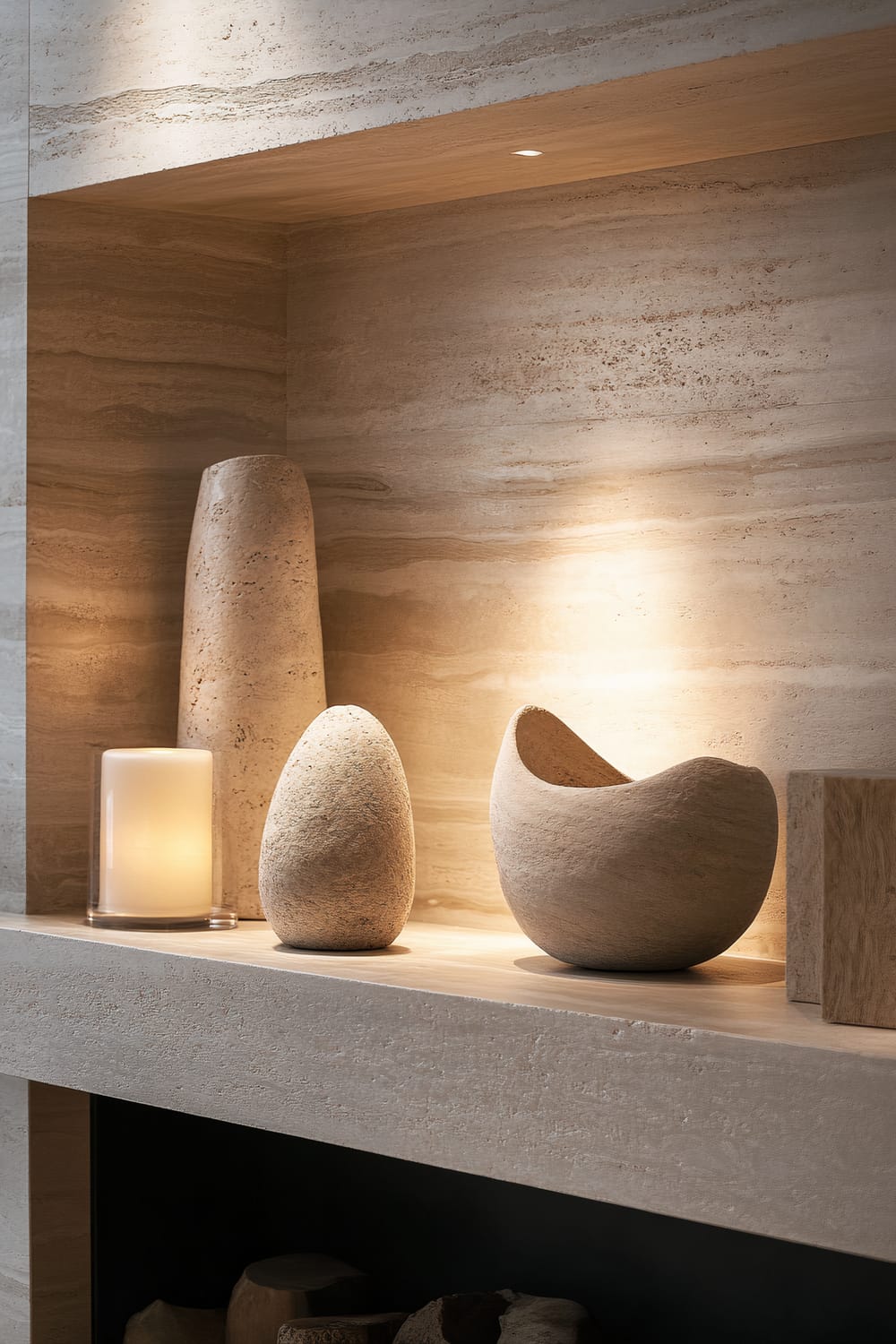 A contemporary mantelpiece adorned with neutral-toned decor pieces, including smooth stone sculptures with organic shapes and a minimalist candle holder. Focused lighting enhances the depth and texture of the stone surfaces.