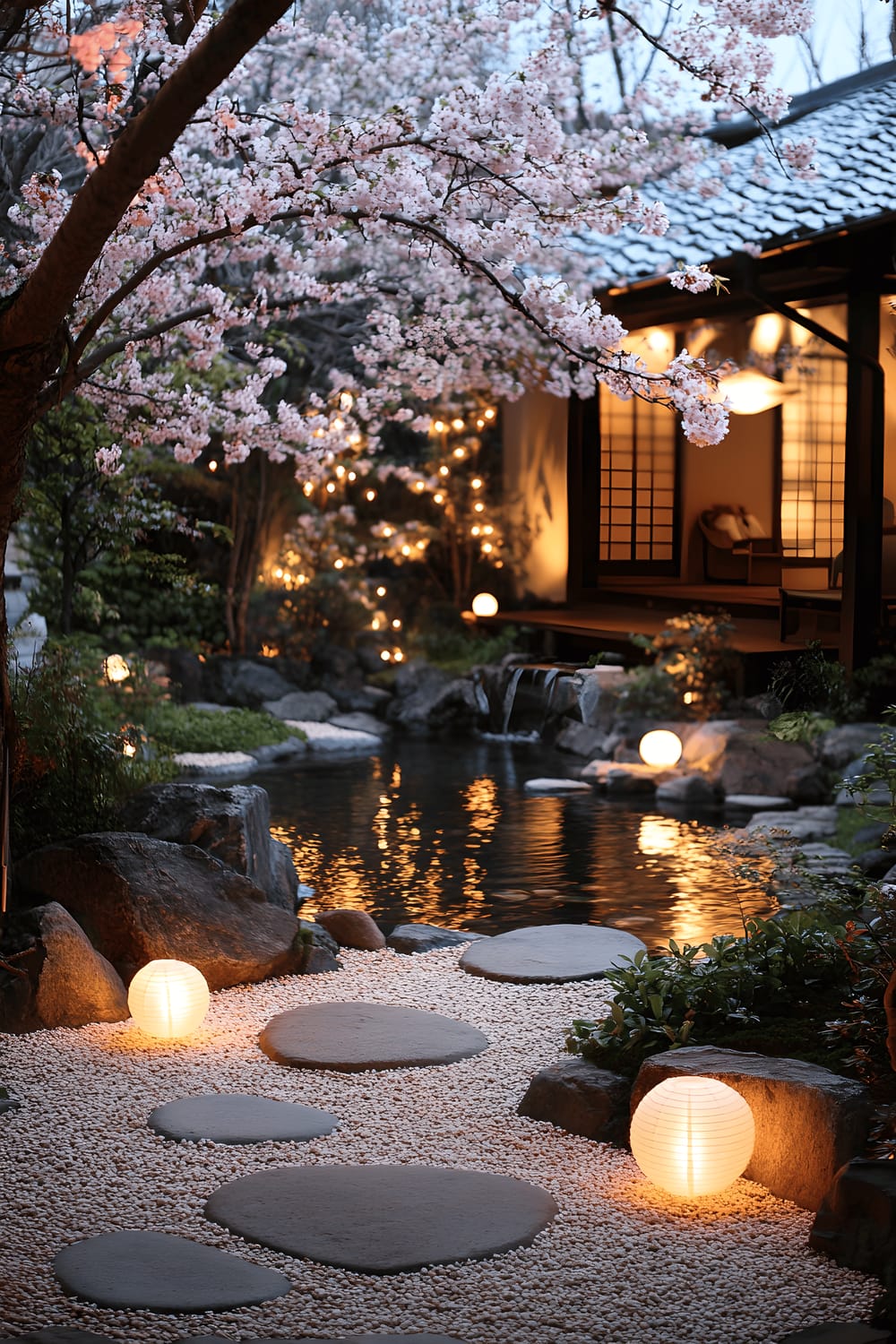 A serene Japanese style garden scene at night, gently lit by a soft glow from multiple paper lanterns. The garden features a beautifully raked gravel pattern framing smooth rounded stones, a trickling waterfall, and a radiant cherry blossom tree in the peak of bloom. The tranquil setting is bathed in the silver shine of the overhead moon.