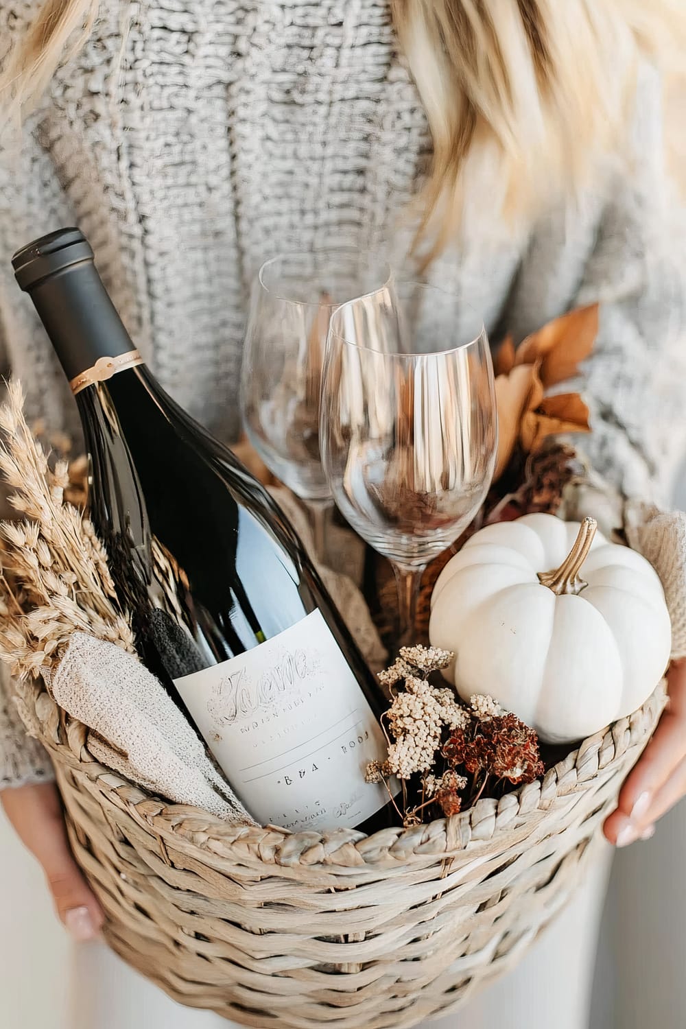 A close-up image of a person's hands holding a wicker gift basket. Inside the basket, there is a bottle of wine with a white label, two clear wine glasses, a small white pumpkin, and dried floral elements including wheat and other botanicals. The person is wearing a gray knitted sweater, partially visible in the background.