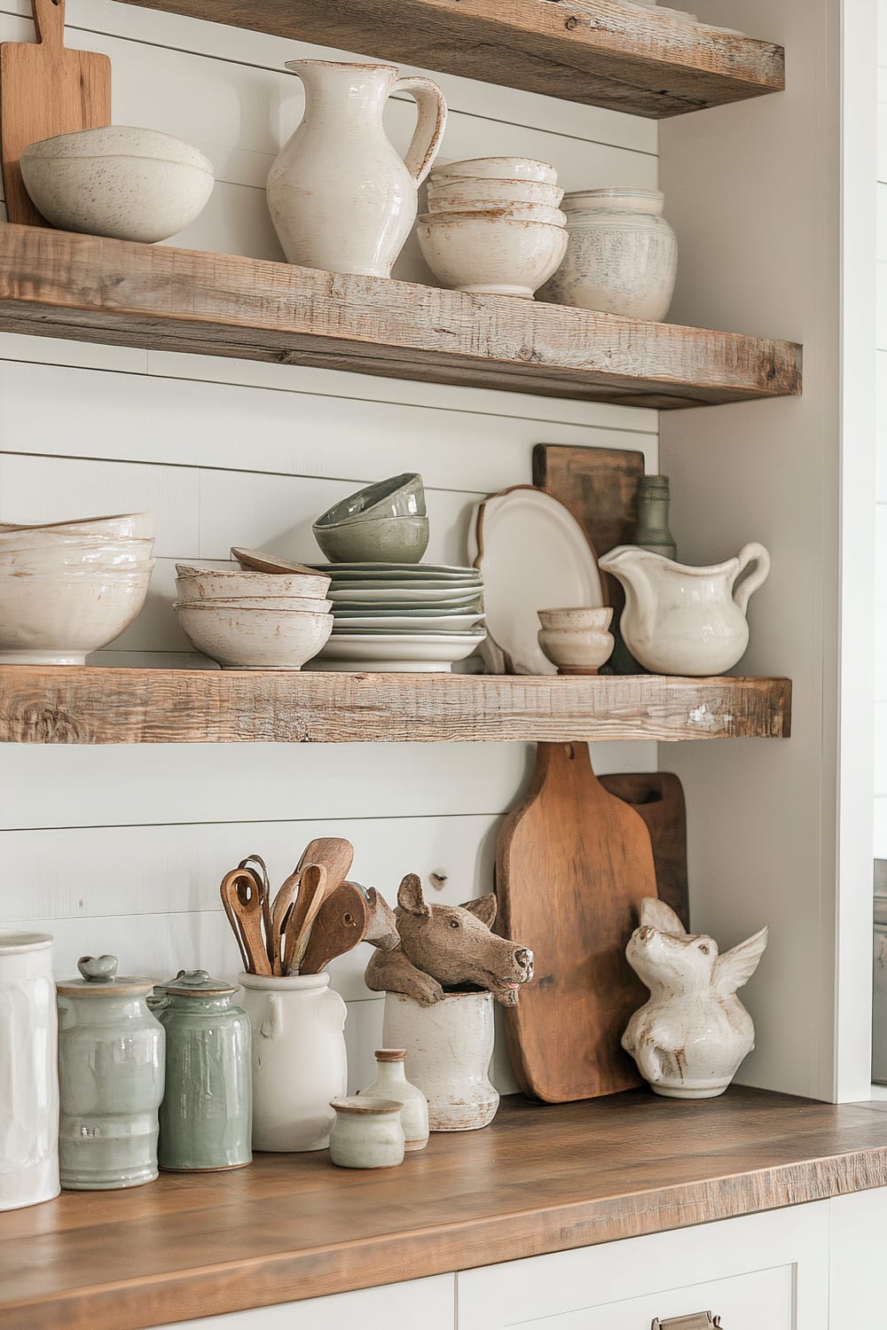 A charming farmhouse kitchen with open wooden shelves displaying rustic decorative figurines, handmade pottery, and ceramic farm animal sculptures. Light filters through a window, enhancing the earthy tones of the decor, including muted greens, browns, and creams. The kitchen features shiplap walls, wooden cabinetry, and vintage kitchen tools.