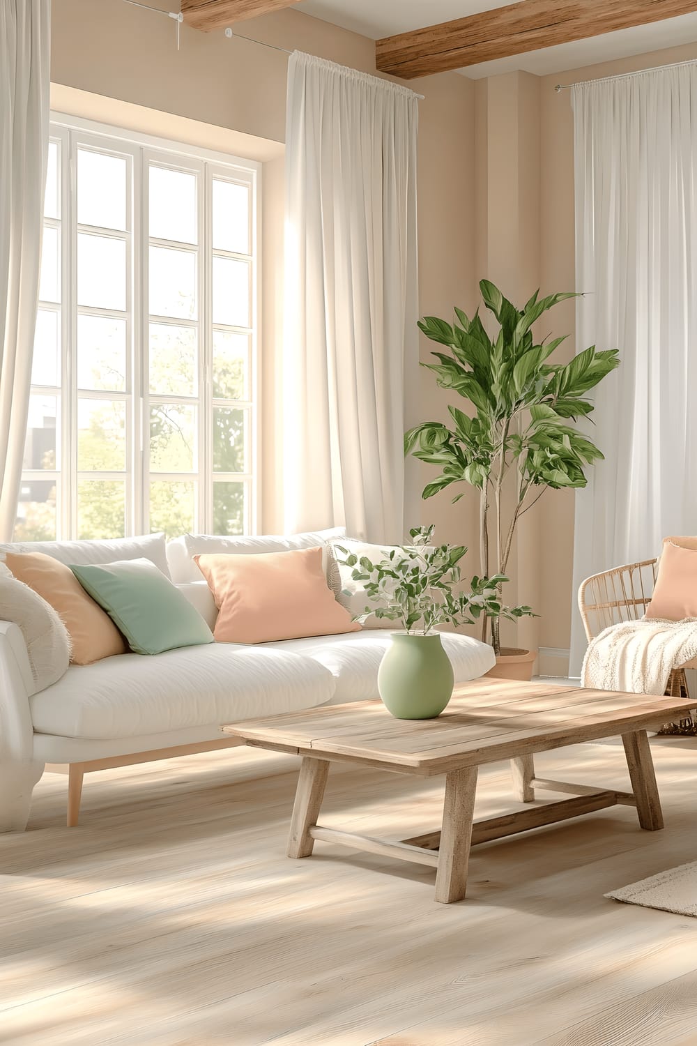 A transitional living room featuring rosy beige walls, light wood flooring, a white sofa adorned with pastel peach and mint green throw pillows, a light wooden coffee table with a pastel coral vase, and a light gray armchair. Large windows dressed in sheer pastel curtains allow natural light to flood in, illuminating the room and the single pastel yellow plant in the corner, adding a warm, minimalist touch without clutter.