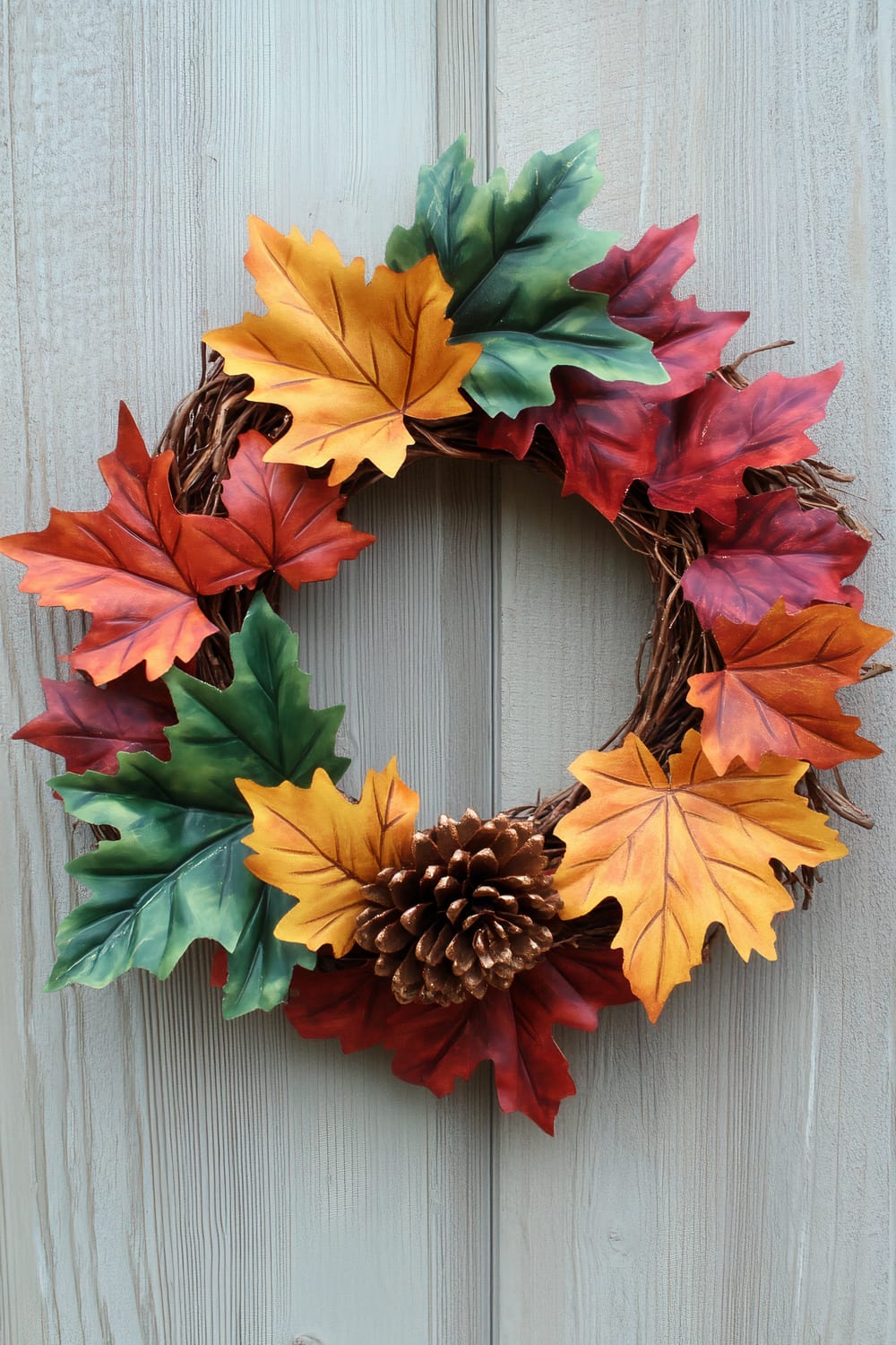 A decorative autumn wreath made from grapevine branches intertwined with artificial leaves in shades of green, yellow, orange, and red. An artificial pinecone is placed at the bottom center of the wreath. The wreath is mounted on a light-colored wooden wall with vertical wood paneling.