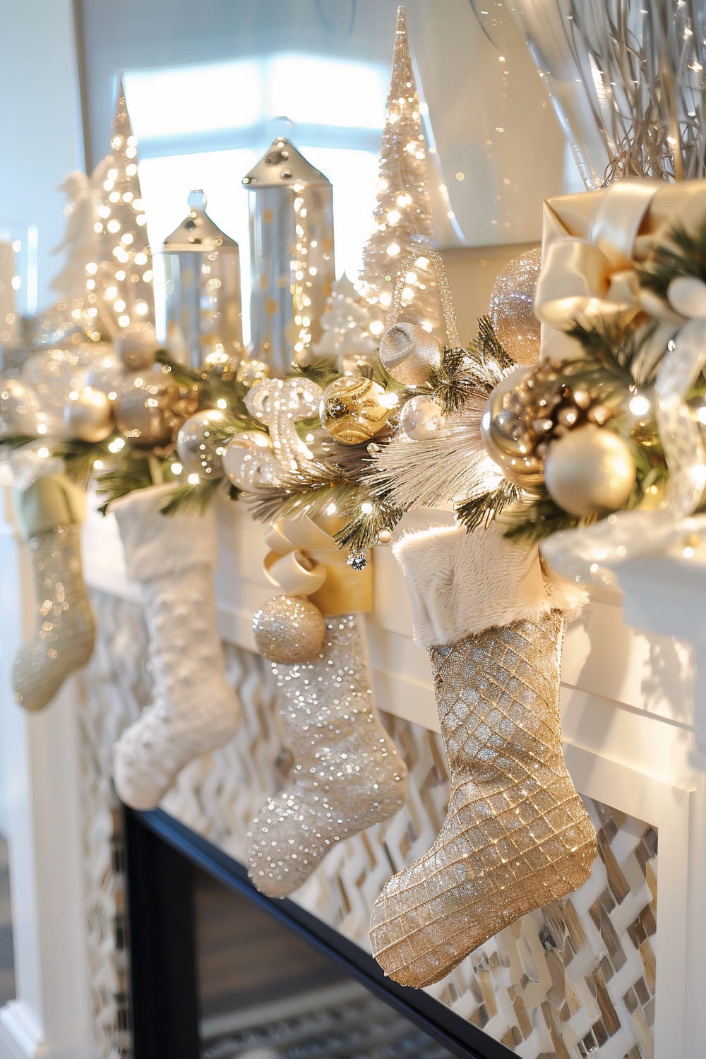 An elegantly decorated Christmas mantel adorned with shimmering gold and white holiday decorations. The mantel features glittering stockings and beautiful garlands interwoven with sparkling ornaments and fairy lights. Metallic lanterns and gleaming cone-shaped trees add a festive glow.