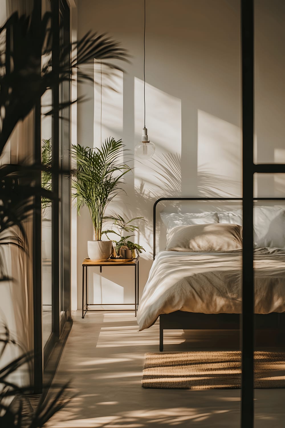 A minimalist bedroom with a distinct monochromatic color scheme viewed from behind a glass sliding door. The room features a simple platform bed, a slender cabinet, and a sleek metal nightstand, all bathed in soft, natural light that enters through large windows on two walls.