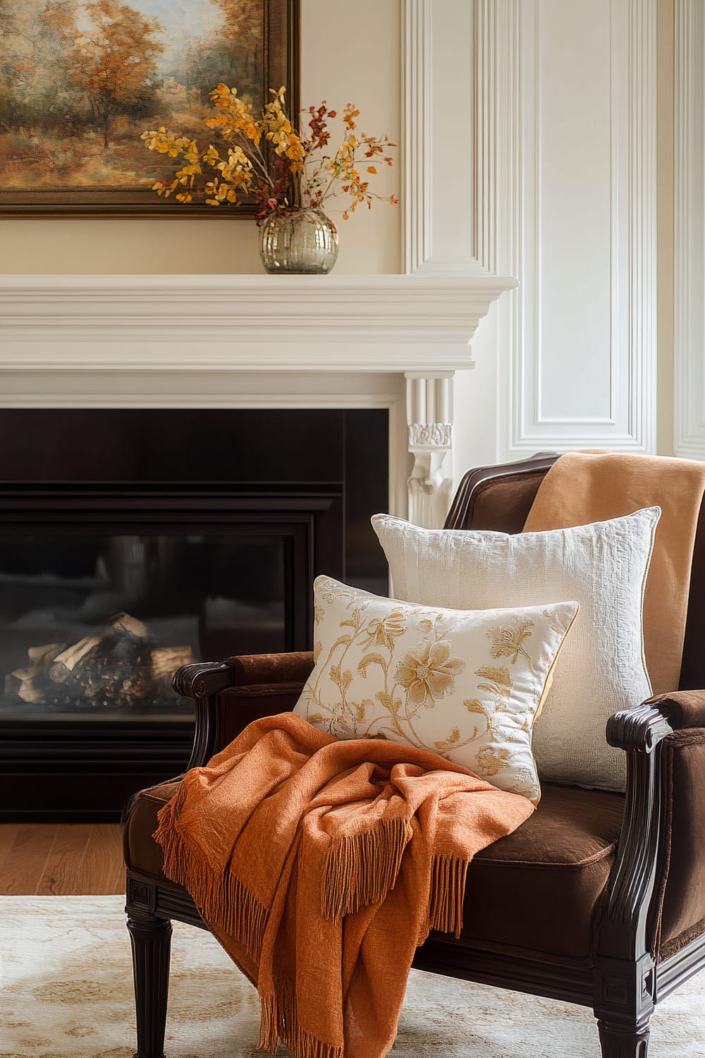 A charming interior scene featuring an elegant brown armchair with detailed wooden armrests. The chair is adorned with two decorative pillows: one with white fabric and the other with embroidered floral patterns in golden hues, along with a soft, orange throw, draped casually over the armrest. In the background stands a rich, black fireplace surrounded by a classic white mantel and intricately paneled walls. Above the mantel, a sophisticated vase with autumnal flowers and a landscape painting infused with fall colors lend warmth and artistic grace to the space.