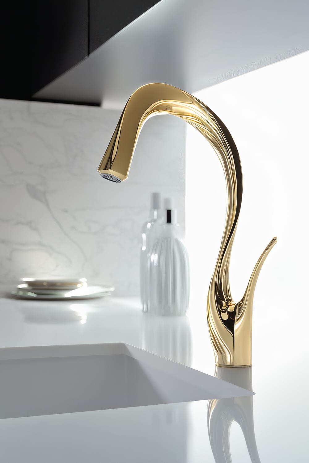 A sleek, futuristic kitchen faucet in glossy metallic gold with an artistic twist, mounted on a minimalist white sink. The kitchen features bright overhead lighting and an uncluttered countertop with subtle accents, including white plates and a clear glass bottle.