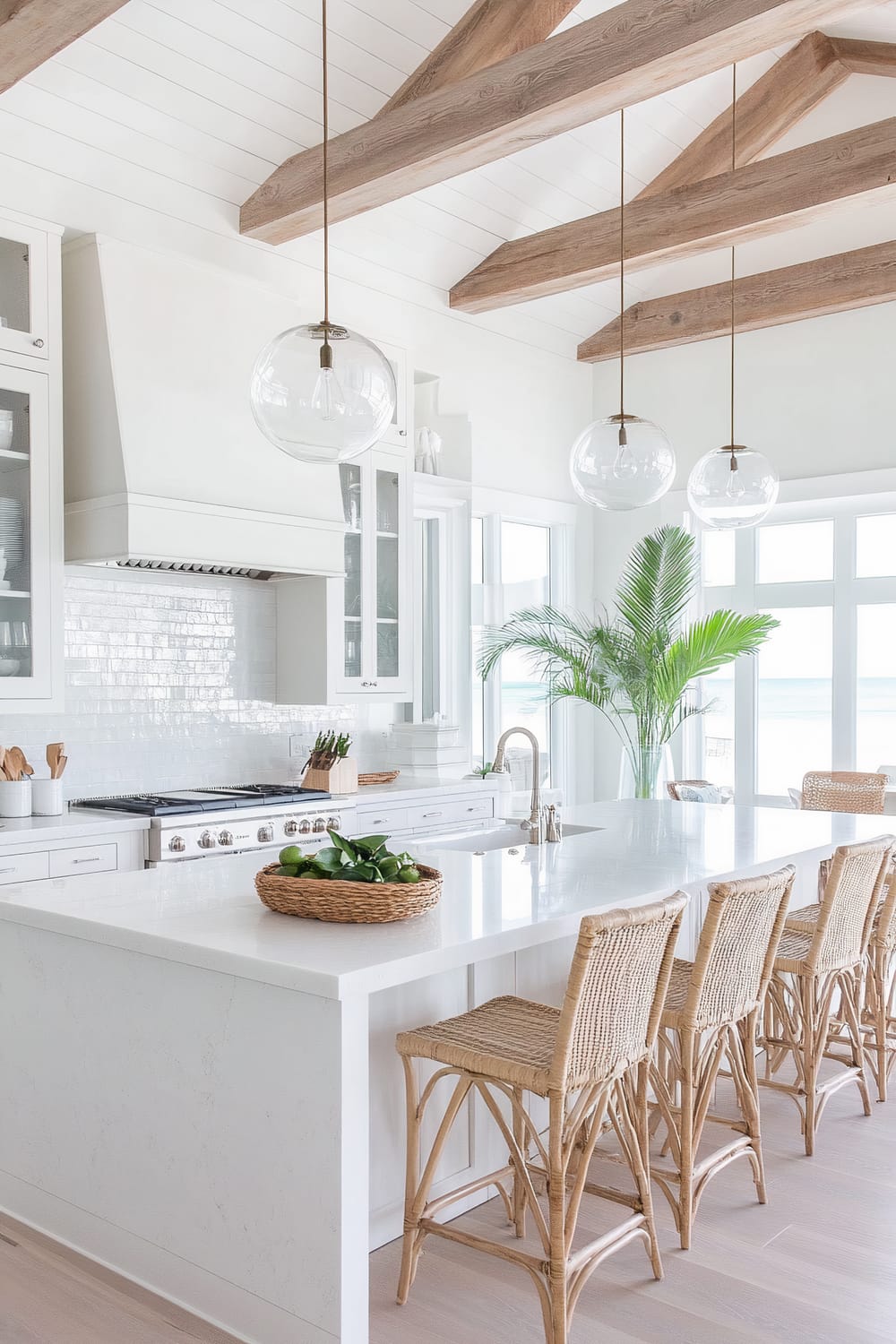 A bright, airy kitchen with a beach-inspired aesthetic. The room features a large, white island with a smooth marble countertop and light wooden bar stools with woven seats. Above the island, three clear glass pendant lights hang from the ceiling, which showcases exposed wooden beams. The cabinetry is white with glass-fronted upper cupboards. The backsplash is a white, reflective tile that adds texture. Greenery from a large potted plant beside expansive windows introduces a fresh splash of nature, while natural light floods the room, reflecting off the white surfaces.