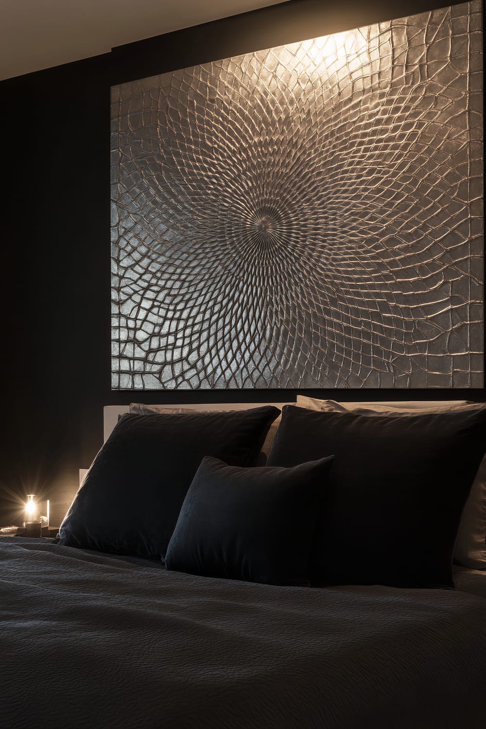 A modern bedroom with a minimalist design featuring a large silver metallic abstract wall art piece above a charcoal bed. The artwork has intricate geometric patterns and is highlighted by dramatic lighting. The room is decorated with dark charcoal bedding and features neutral tones and minimal furniture.