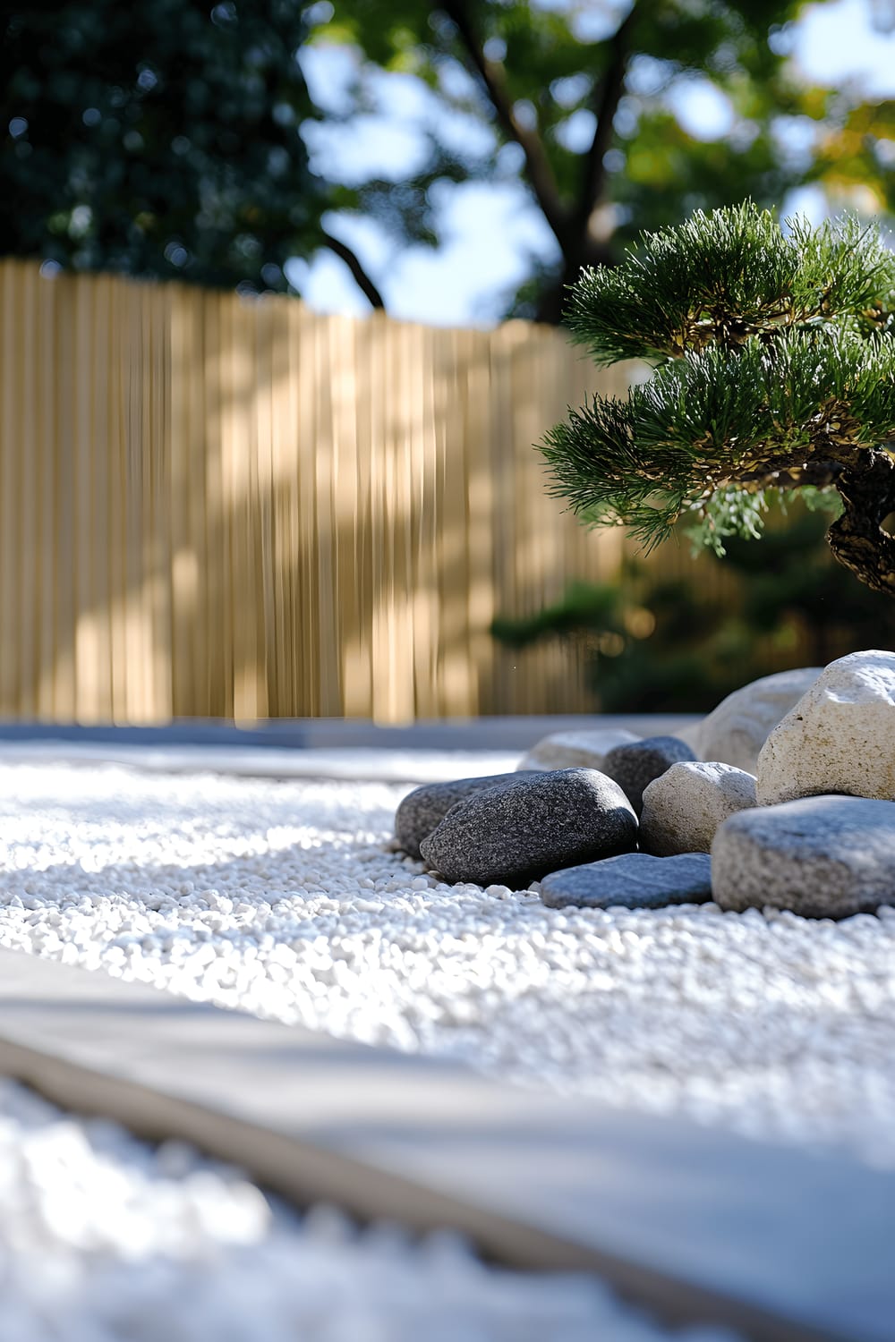 A serene Zen garden viewed from a low angle features meticulously raked white gravel, strategically placed smooth gray stones, a slender bamboo fence in the background, and a small bonsai tree illuminated by soft morning light. The garden embodies tranquility with a lot of negative space.