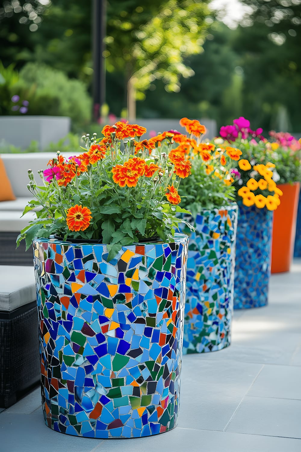 A lively outdoor patio space featuring a stone pathway lined with modern mosaic planters in shades of blue, green, and orange, each filled with vibrant blooms such as Marigolds, Petunias, and Zinnias. Minimalist outdoor furniture with neutral tones is strategically placed against the vibrant backdrop of the mosaic planters. Integrated pathway lighting creates gentle illumination, highlighting the unique textures and colors of the mosaics and the florals.