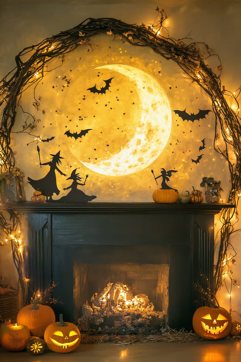 An image showing a fireplace with a hand-painted backdrop of a large, glowing harvest moon surrounded by silhouettes of flying witches and bats. The mantle is adorned with twisted wooden branches intertwined with fairy lights. Pumpkins, including a few jack-o'-lanterns, sit on the hearth and mantle.