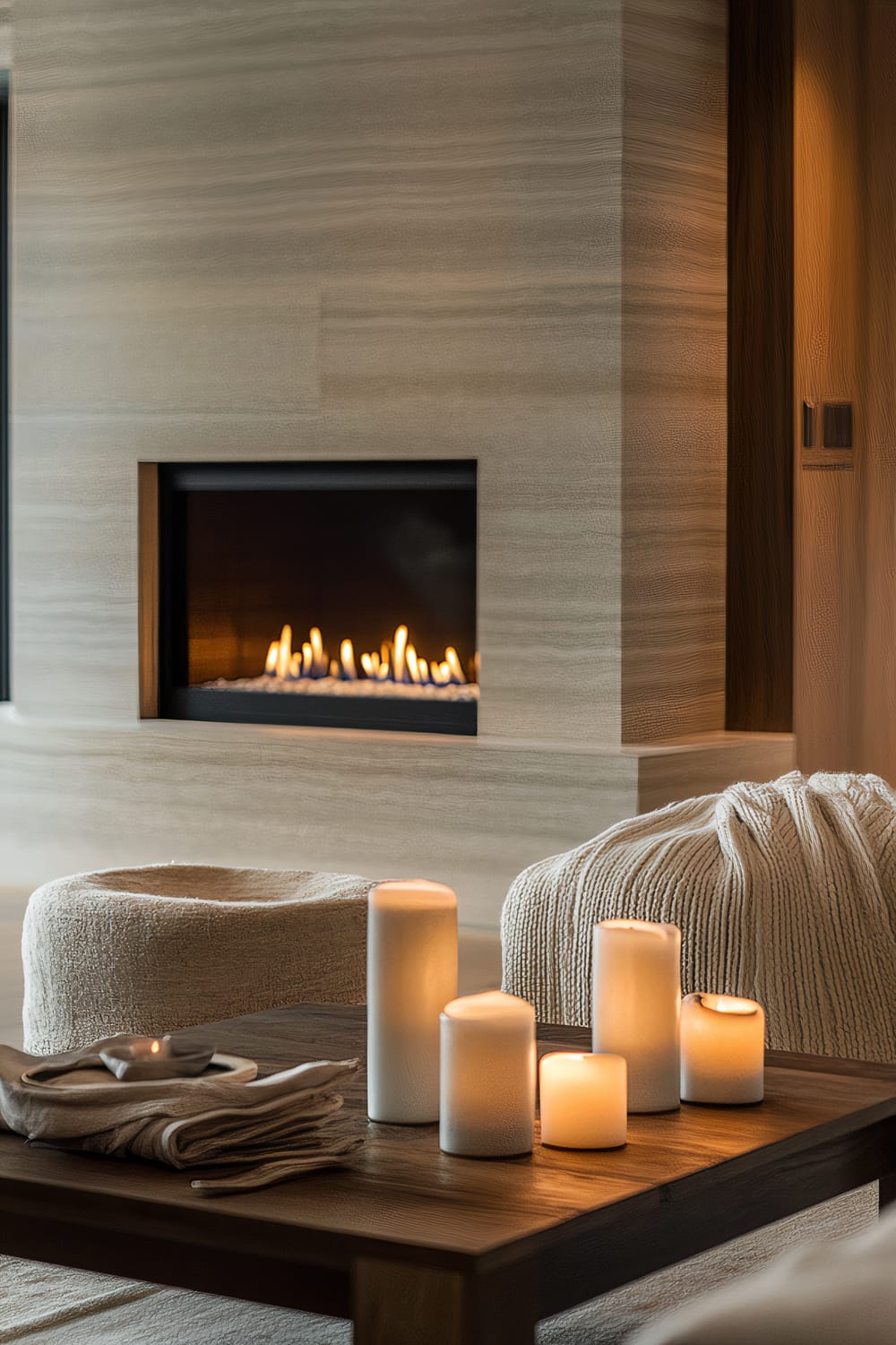 An elegant living room featuring a modern fireplace inset into a textured, light striated wood wall with flames burning brightly. In the foreground, a dark wooden coffee table holds several lit cylindrical candles of various sizes and a neatly folded stack of cloth napkins. The furniture includes plush, light-colored, textured armchairs wrapped in a chunky knit blanket.